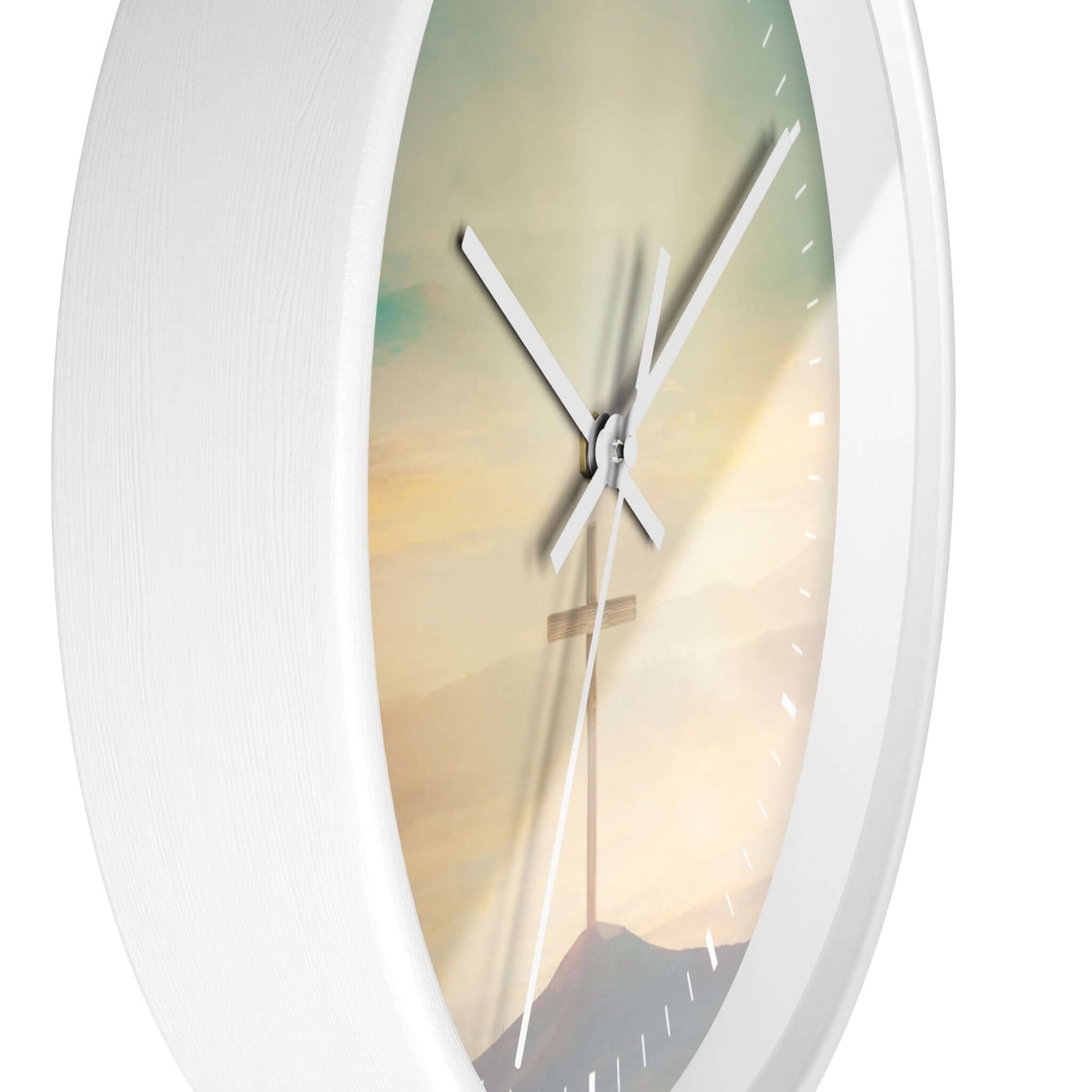 Beautiful Sky Christian Cross wall clock in a wooden frame with a silent mechanism, perfect for Christian décor and faith-based rooms.