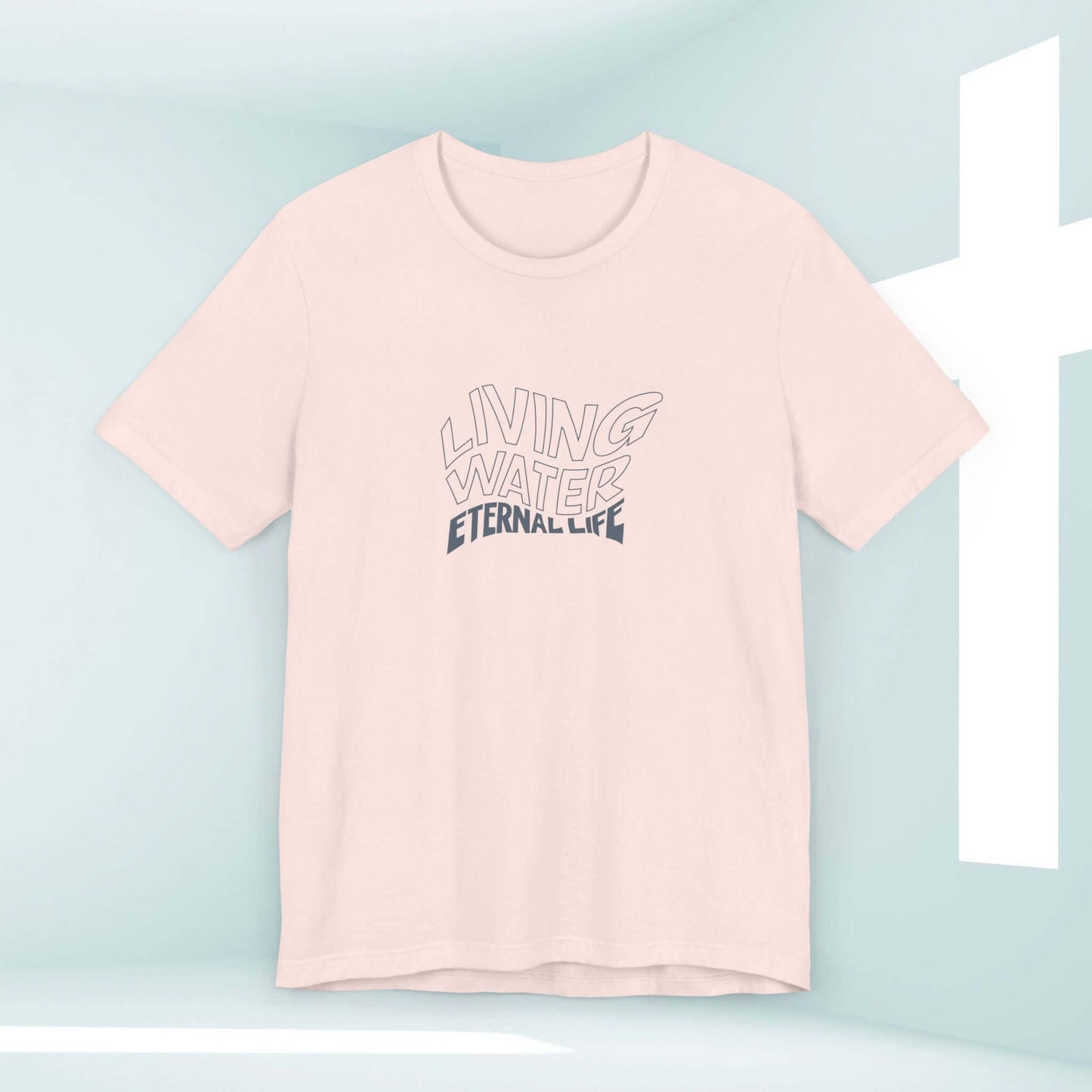 Living Water Eternal Life Christian T-Shirt with front graphic in soft beige featuring faith-based design.