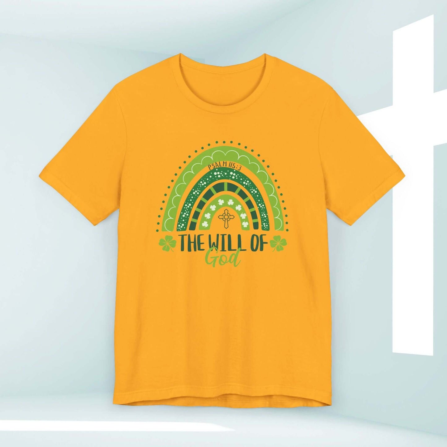 Christian St Patrick's Day shirt with shamrock rainbow, clovers, and "The Will of God" message on orange tee. Irish faith-based inspirational shirt.