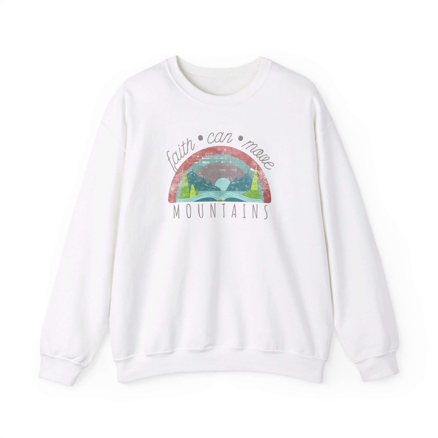 Christian crewneck sweatshirt with "Faith Can Move Mountains" Bible verse design on white fabric, perfect faith apparel for women.