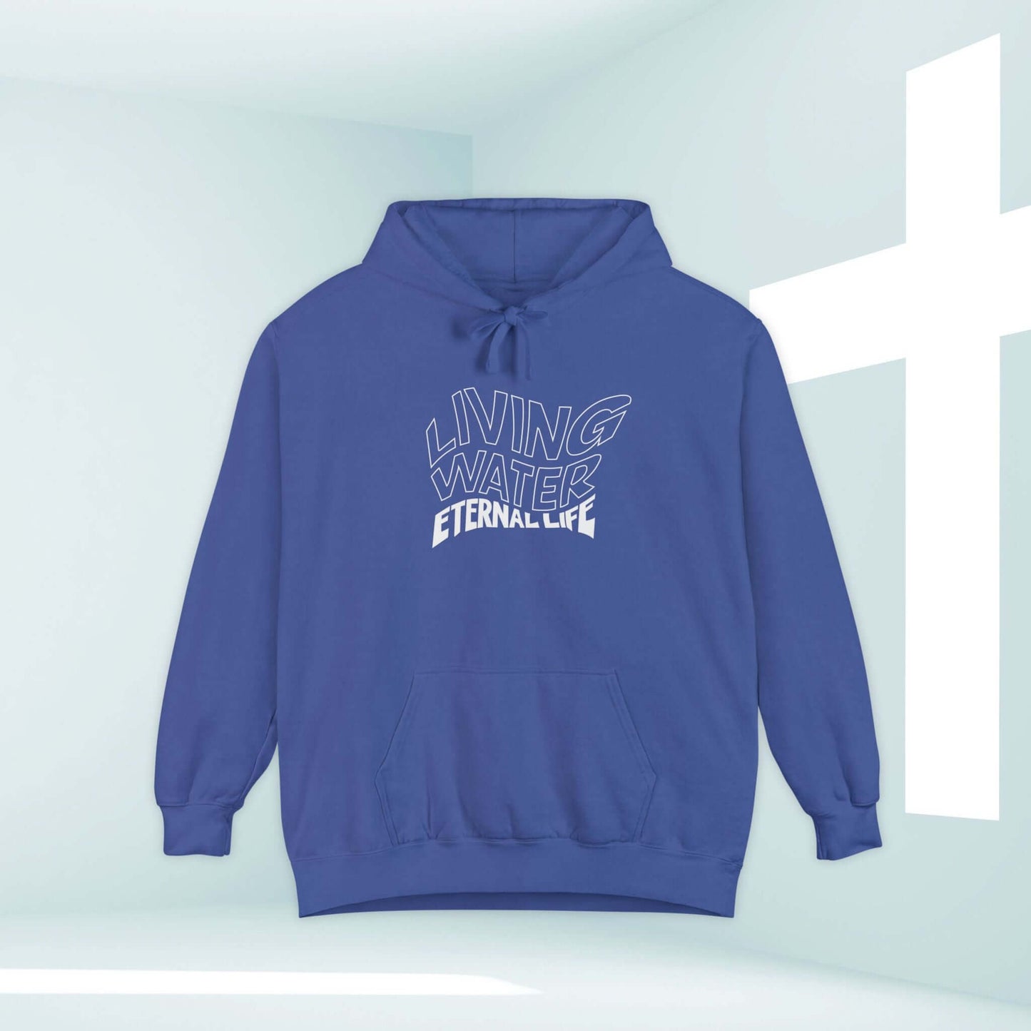 Living Water Christian Hoodie with Bible Verse Styled for Faith, Perfect as a Religious Gift, in Vibrant Blue Design with Cross Background