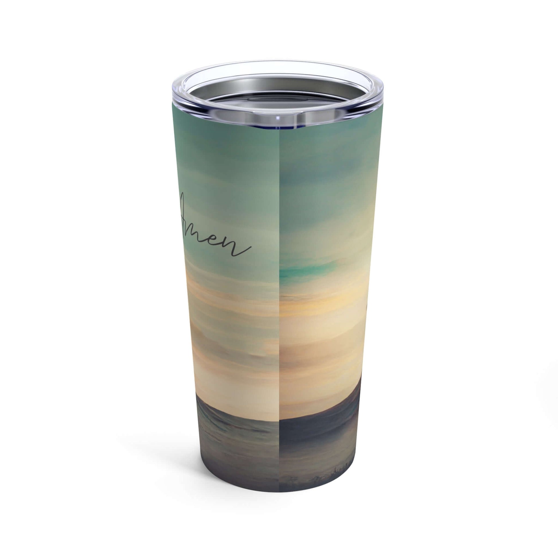 Christian insulated water bottle with Cross Sky Yes Amen design, stainless steel faith-based tumbler, religious gift for him or her