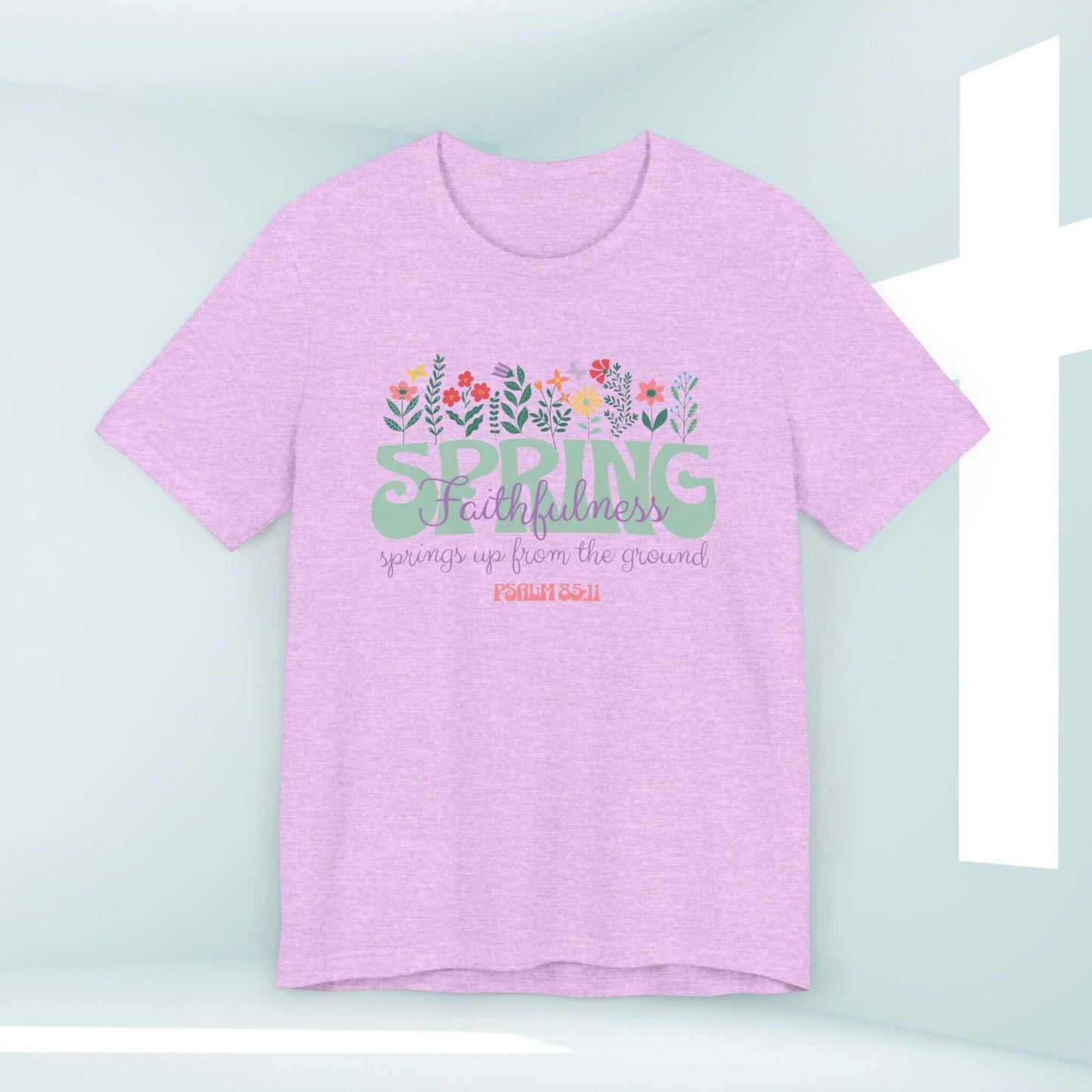 Floral Faith Spring Flowers Christian T-Shirt with Bible verse, inspirational design for church, Christian boho, and streetwear.