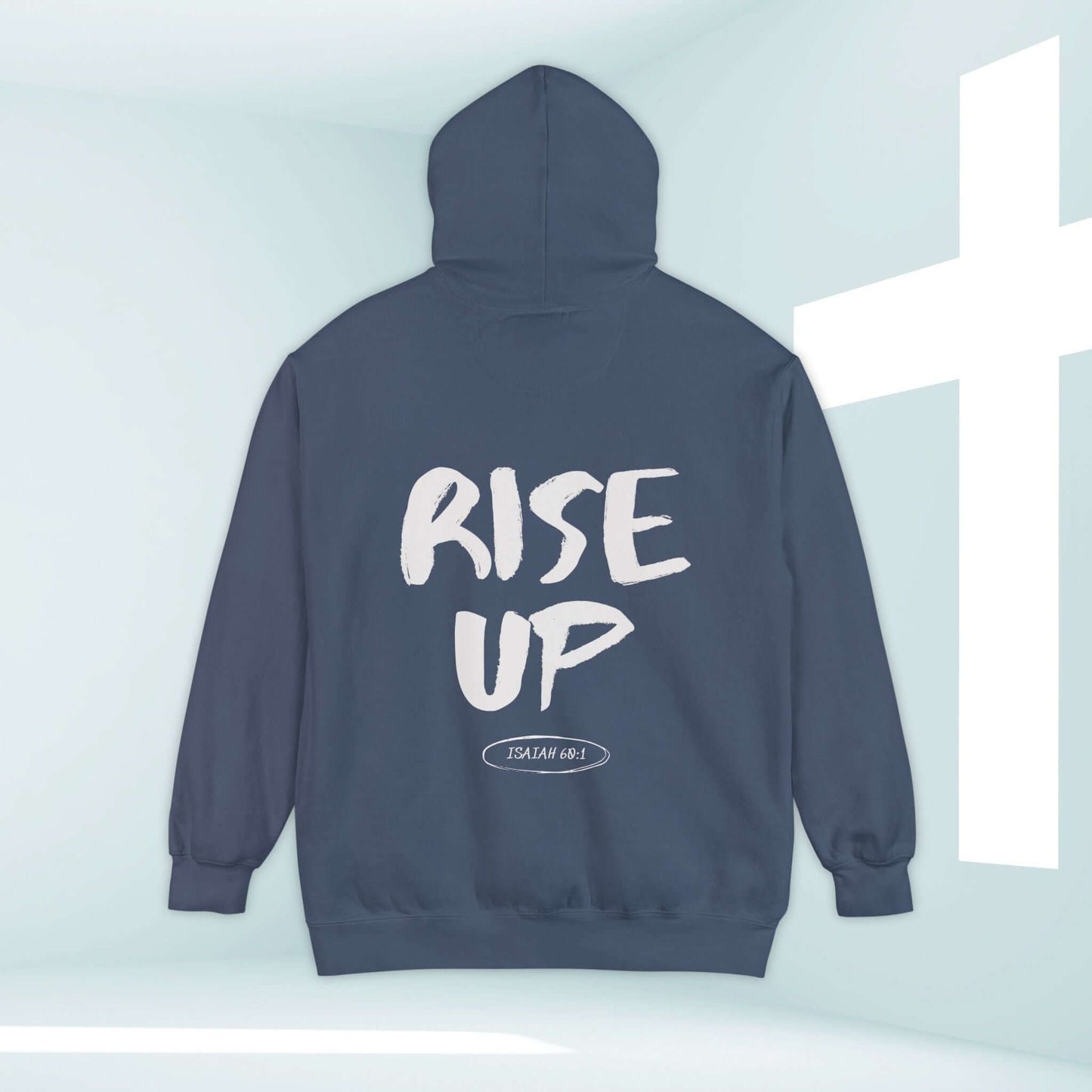 Rise Up Christian Hooded Sweatshirt with Isaiah 60:1 Bible Verse in Church Setting