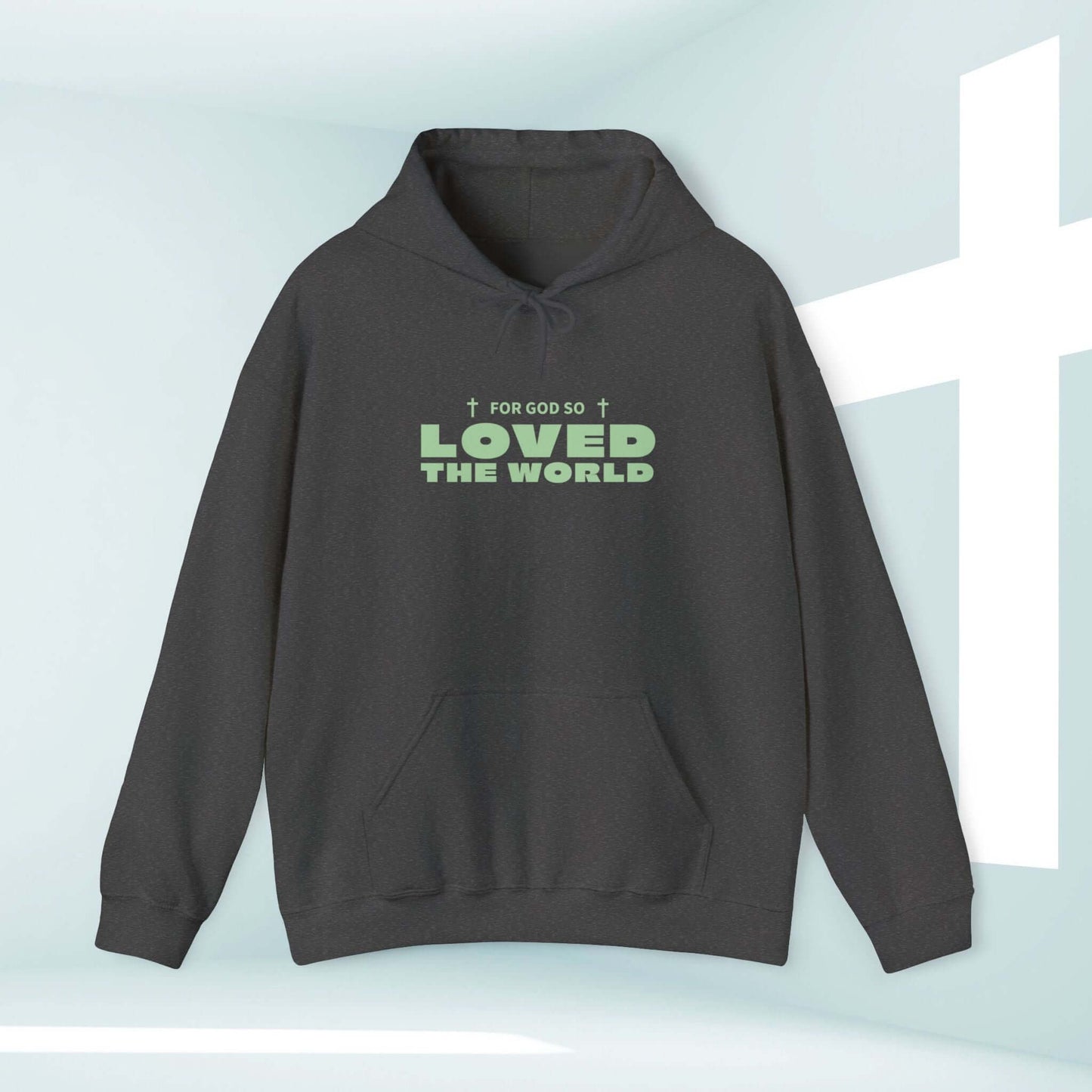 Trendy Christian hoodie with "For God So Loved The World" text, showcasing faith-based apparel and John 3:16 message.