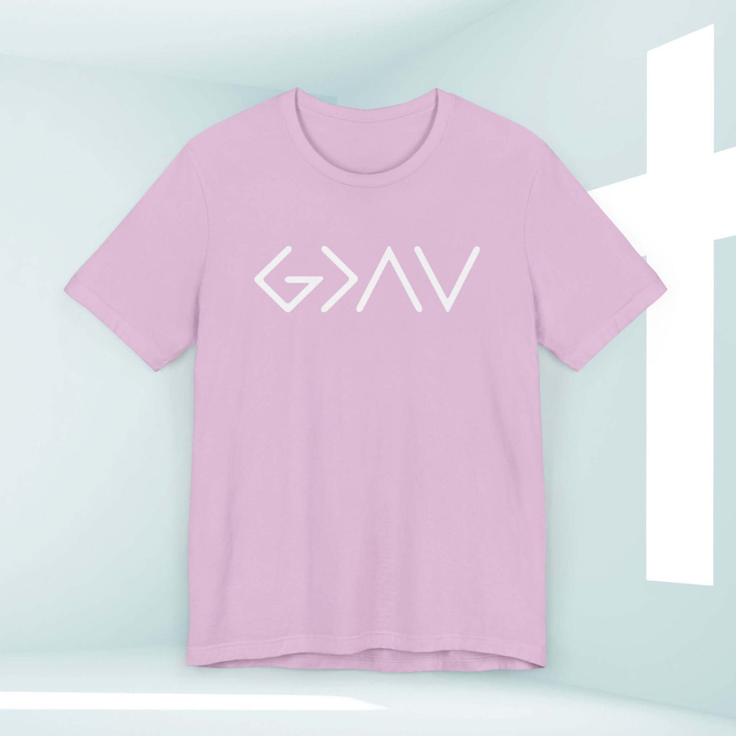 God Is Greater Than The Highs And The Lows lavender Christian t-shirt with white design, faith-based women's religious tee