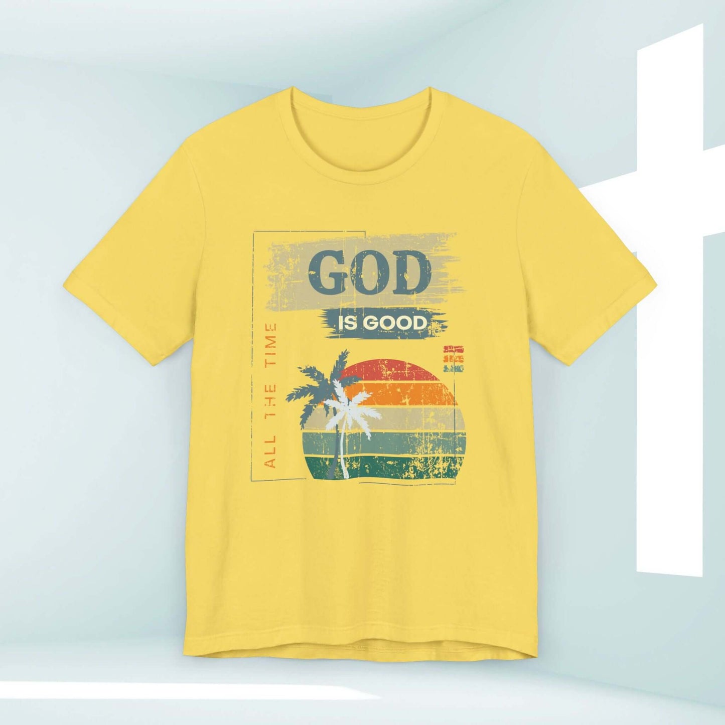 Yellow God Is Good All The Time women's Christian T-shirt with palm tree design, perfect for summer. Christian apparel, god is good tee.