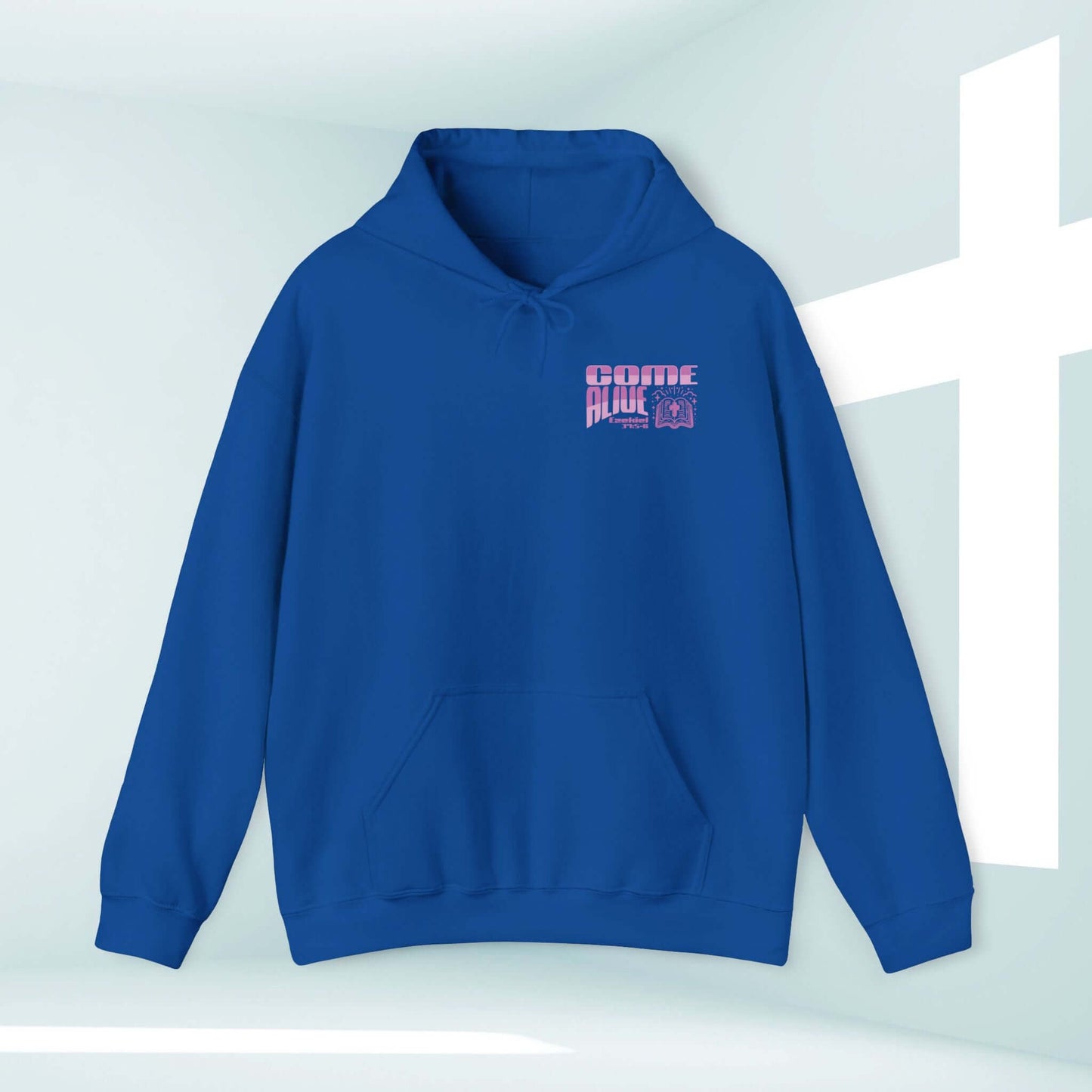 Blue Christian hoodie with 'Come Alive' text, faith-based graphics, and a white cross graphic in the background.