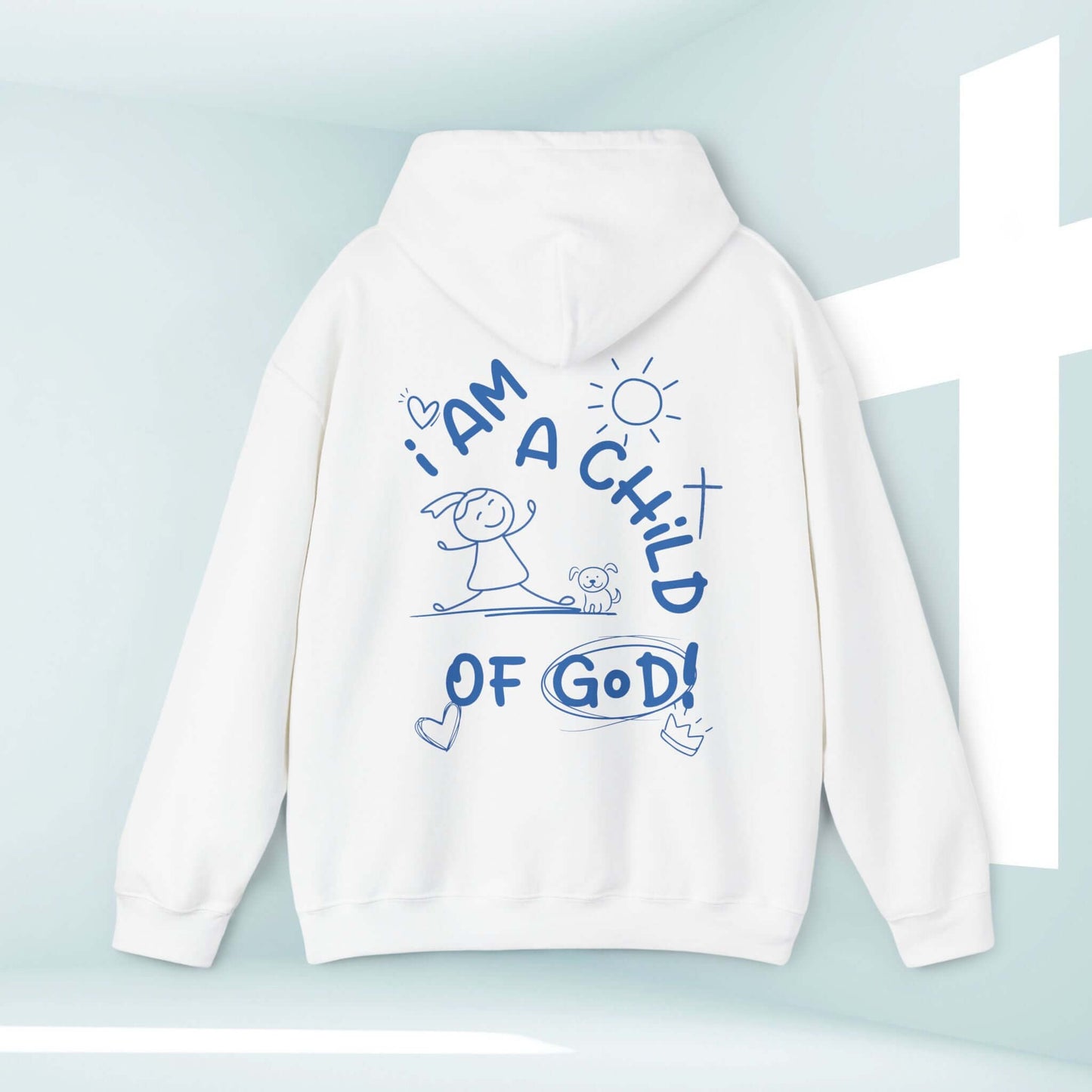 Women's white Christian hoodie with "I Am A Child of God" and dog graphic, perfect for faith-based dog lovers. Comfortable and stylish religious apparel.