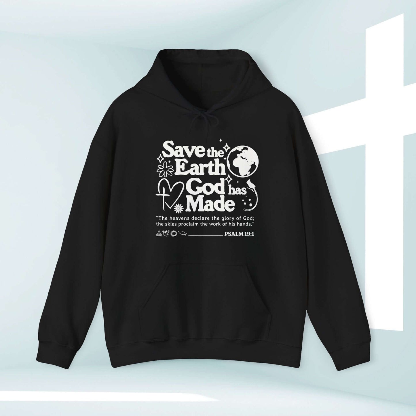 Save The Earth Day Christian Hoodie with Bible verse design, faith-based hooded sweatshirt for outdoor nature lovers, black pullover inspirational hoodie.