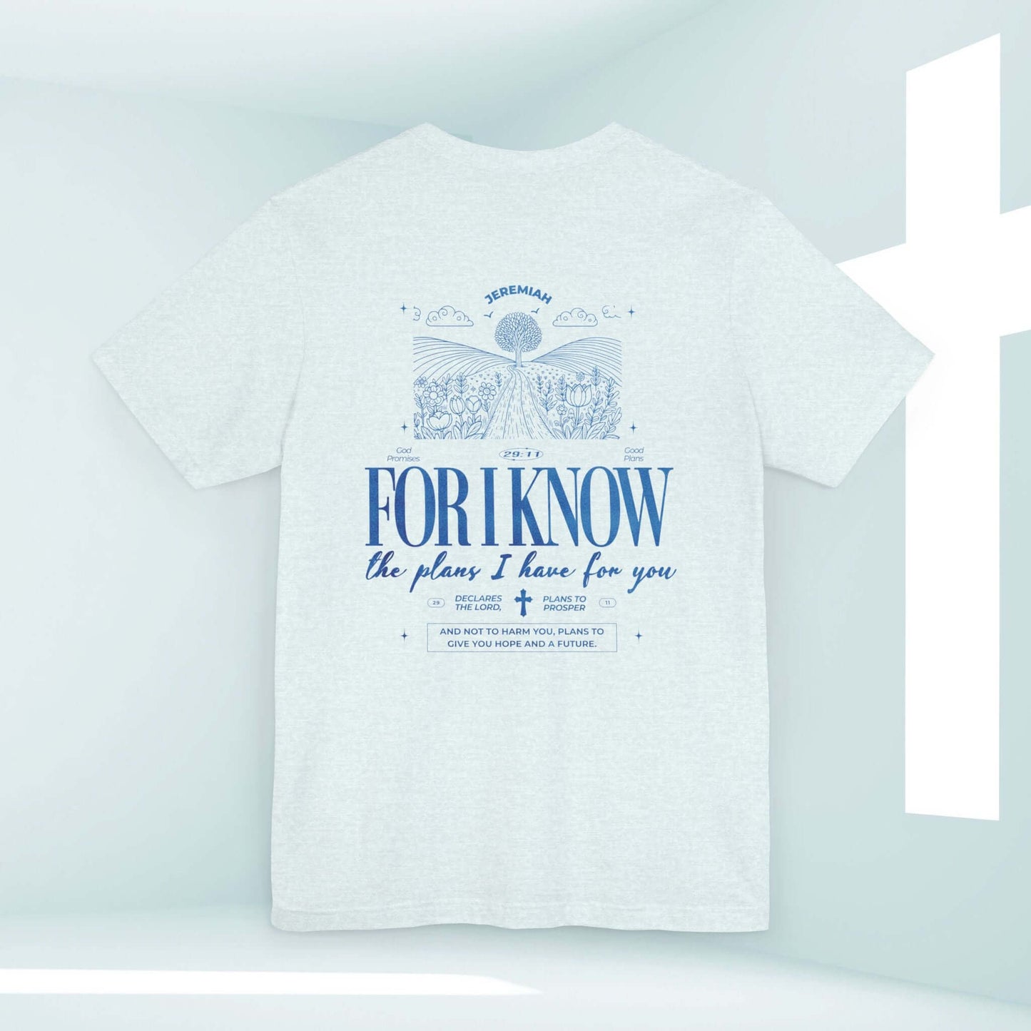 "Christian T-shirt with 'For I Know the Plans' Jeremiah 29:11 Bible verse design, nature and camping theme, inspirational religious apparel"