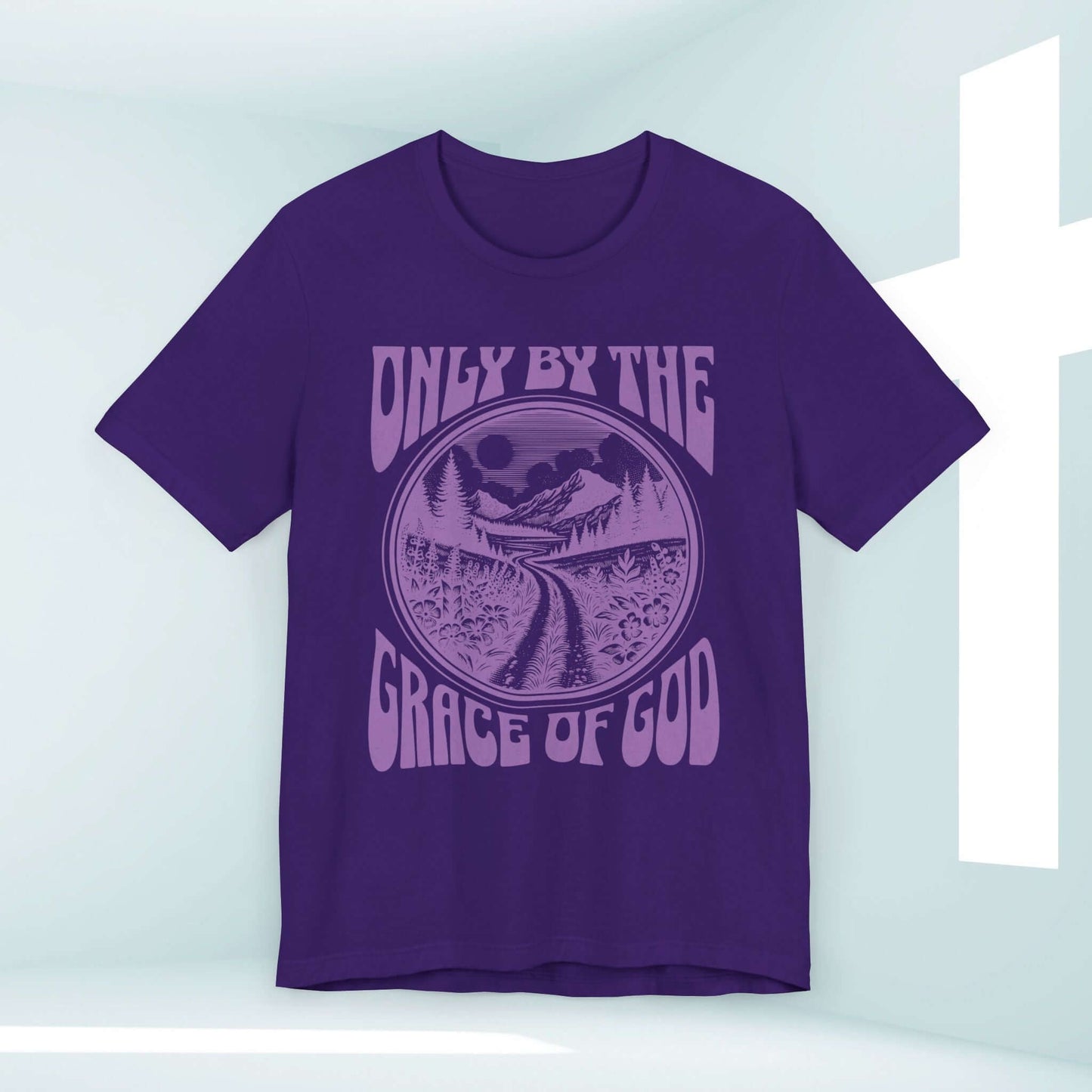 "Only By The Grace Of God purple Christian t-shirt with inspirational design in church setting"