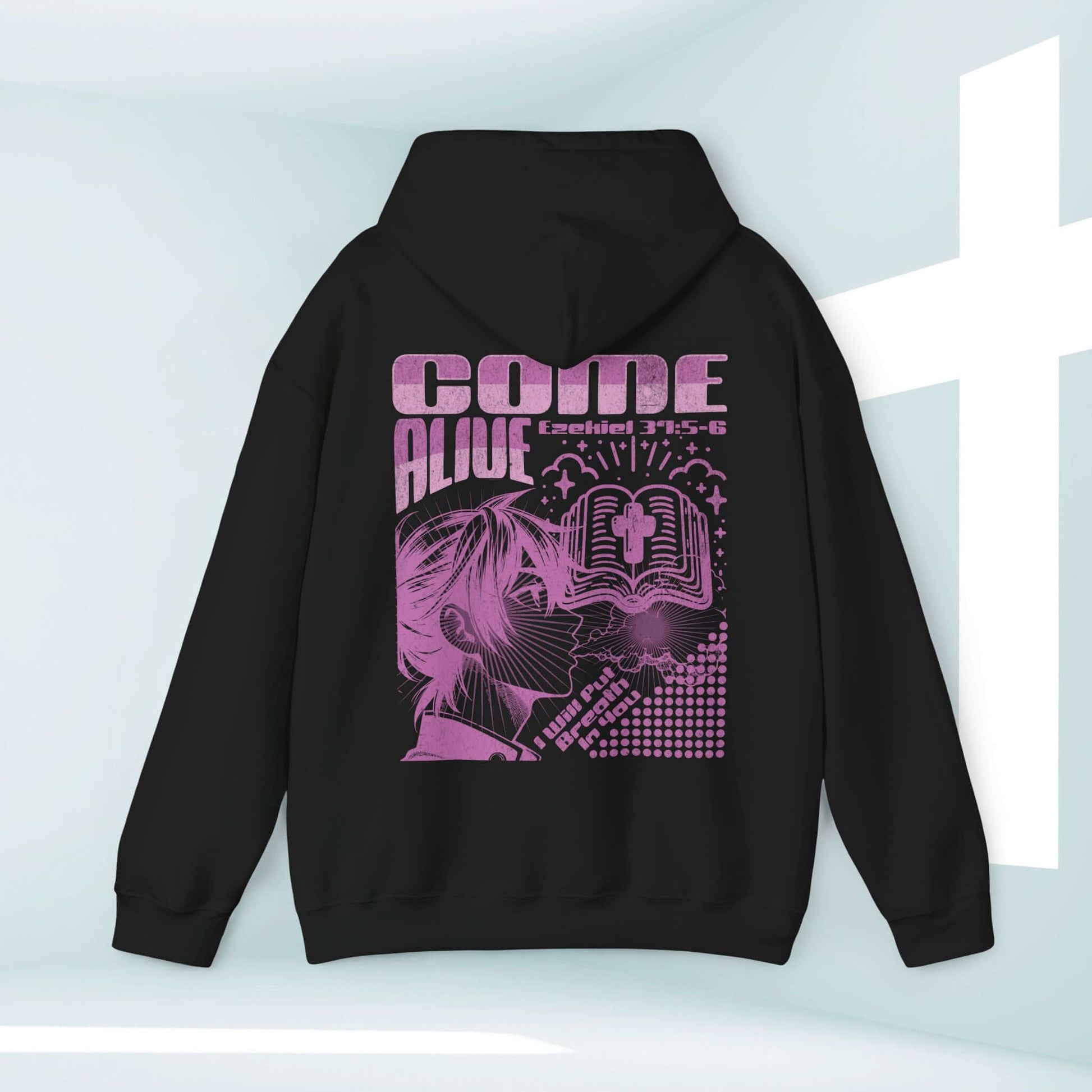 Christian hoodie with 'Come Alive' and Bible verse Ezekiel 37:5-6, faith-based retro streetwear design