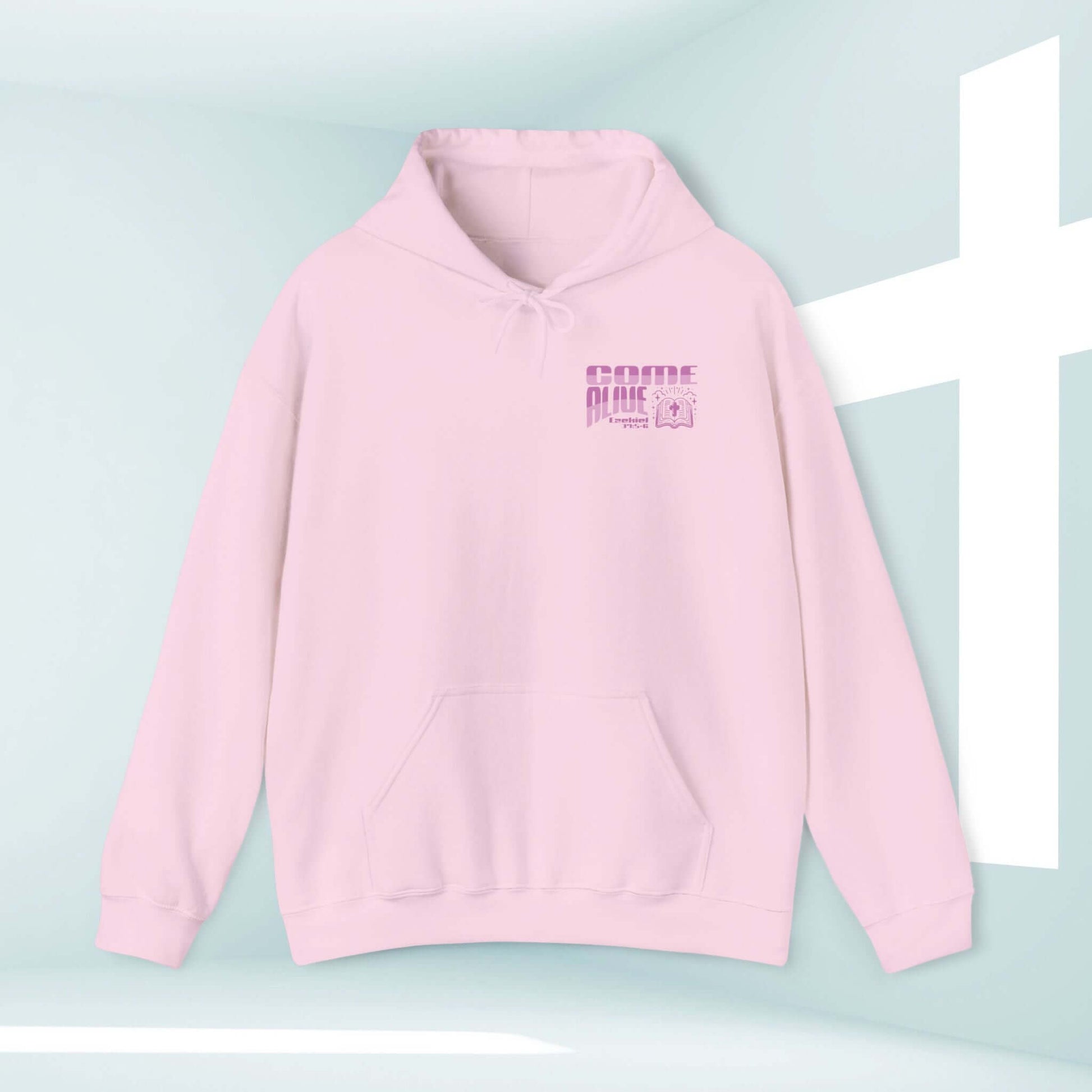 Light pink Christian hoodie with "Come Alive" graphic, inspiring faith-based clothing – perfect religious and inspirational pullover sweatshirt