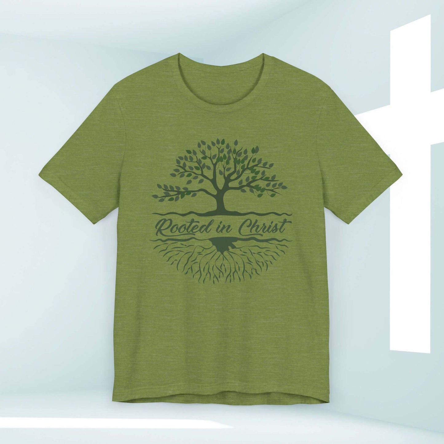 Rooted In Christ Men's Christian T-Shirt with Nature Tree Graphic, perfect for camping and outdoor inspiration. Ideal gift for Christian fathers.