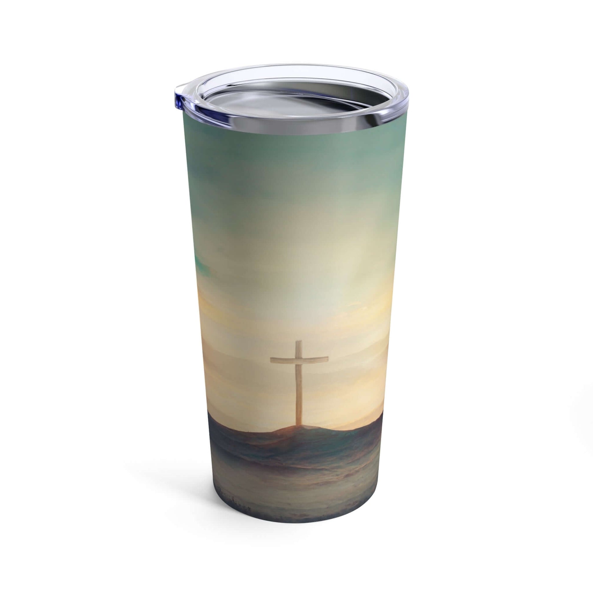 Insulated stainless steel Christian tumbler with Cross and Sky design, ideal faith-based water bottle and religious gift for men and women