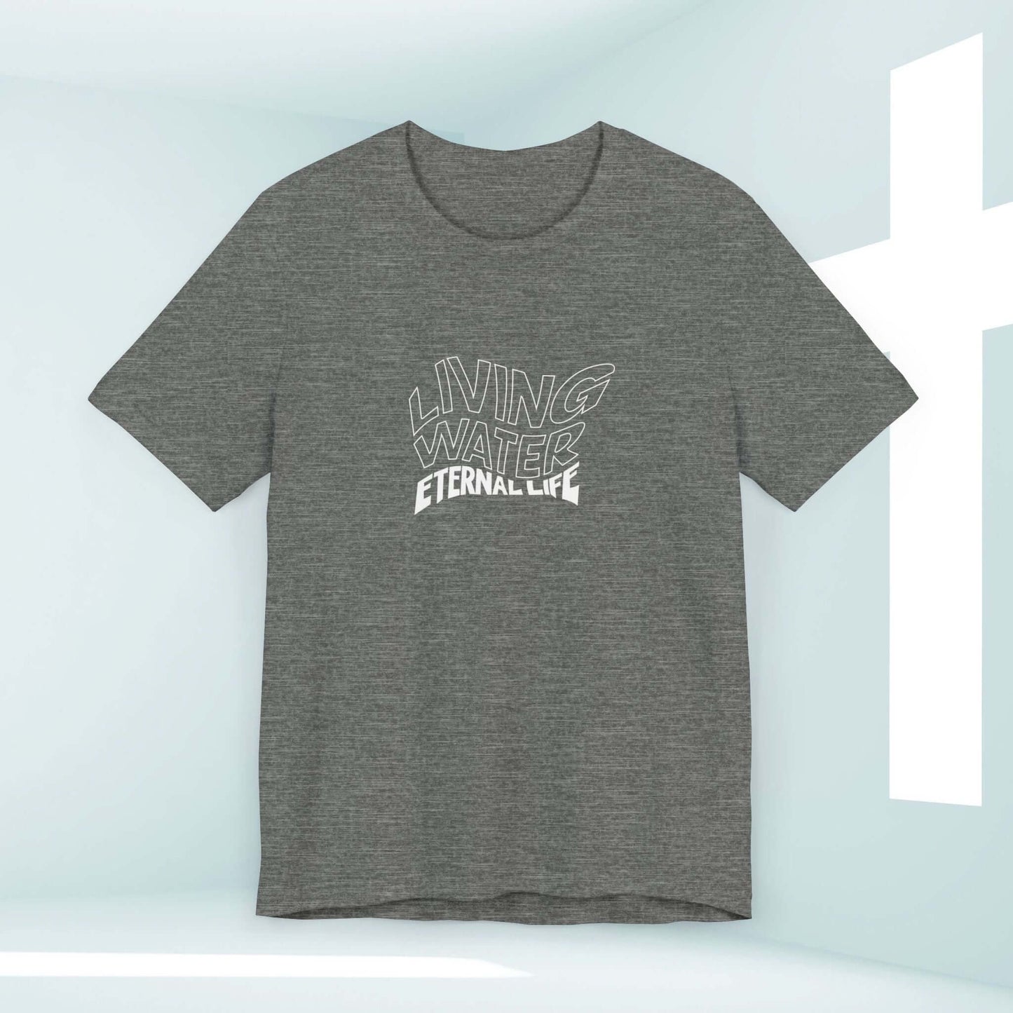 Living Water Eternal Life Christian T-Shirt in grey with front graphic design promoting faith and unity through Jesus. Perfect for believers.