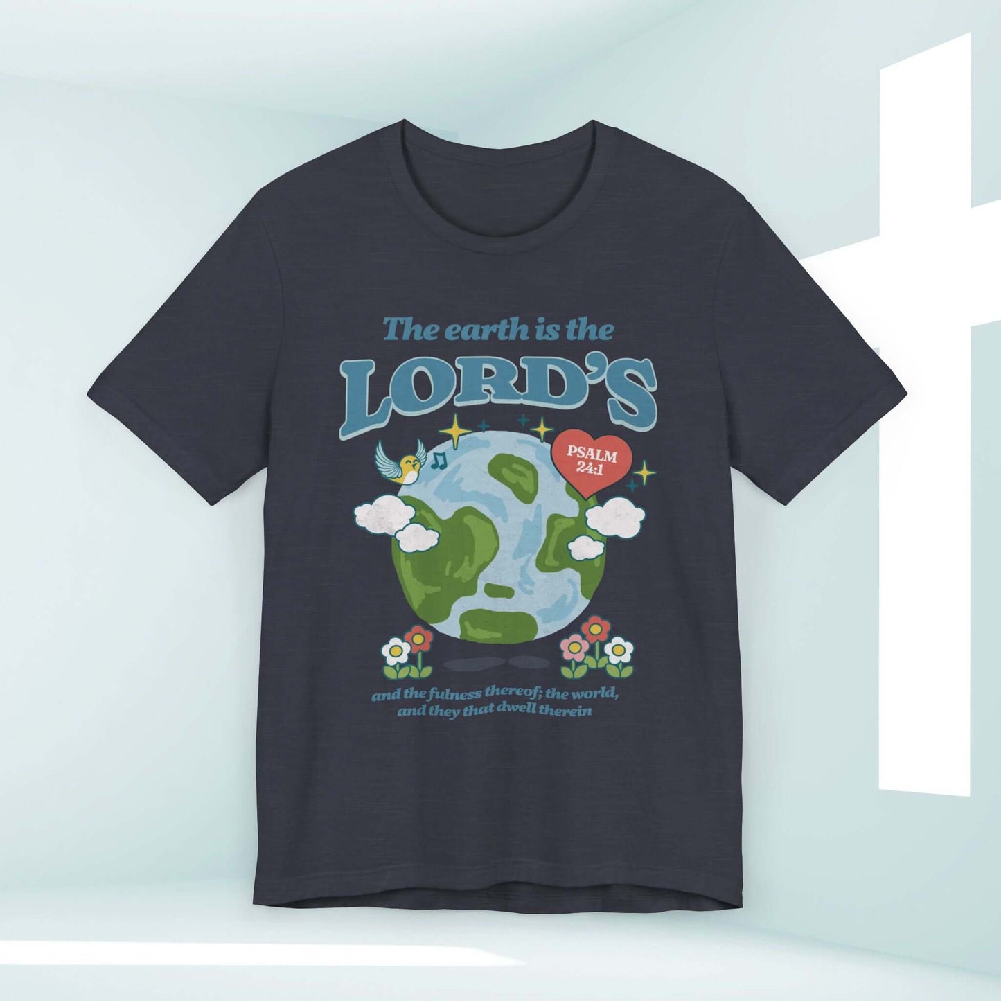 Christian earth day t-shirt with 'The Earth Is The Lord's' bible verse design, faith-based religious apparel for nature and camping enthusiasts