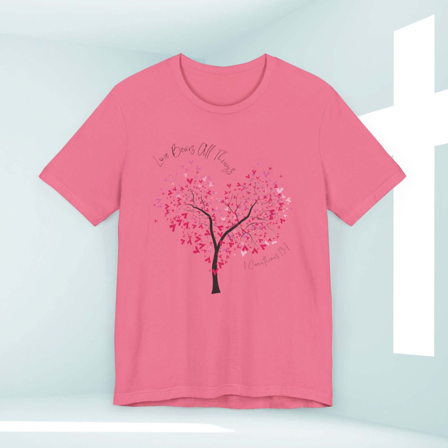 Pink Christian love t-shirt with tree and heart design, Valentine's Day gift, wedding tee, inspirational quote "Love Bears All Things"