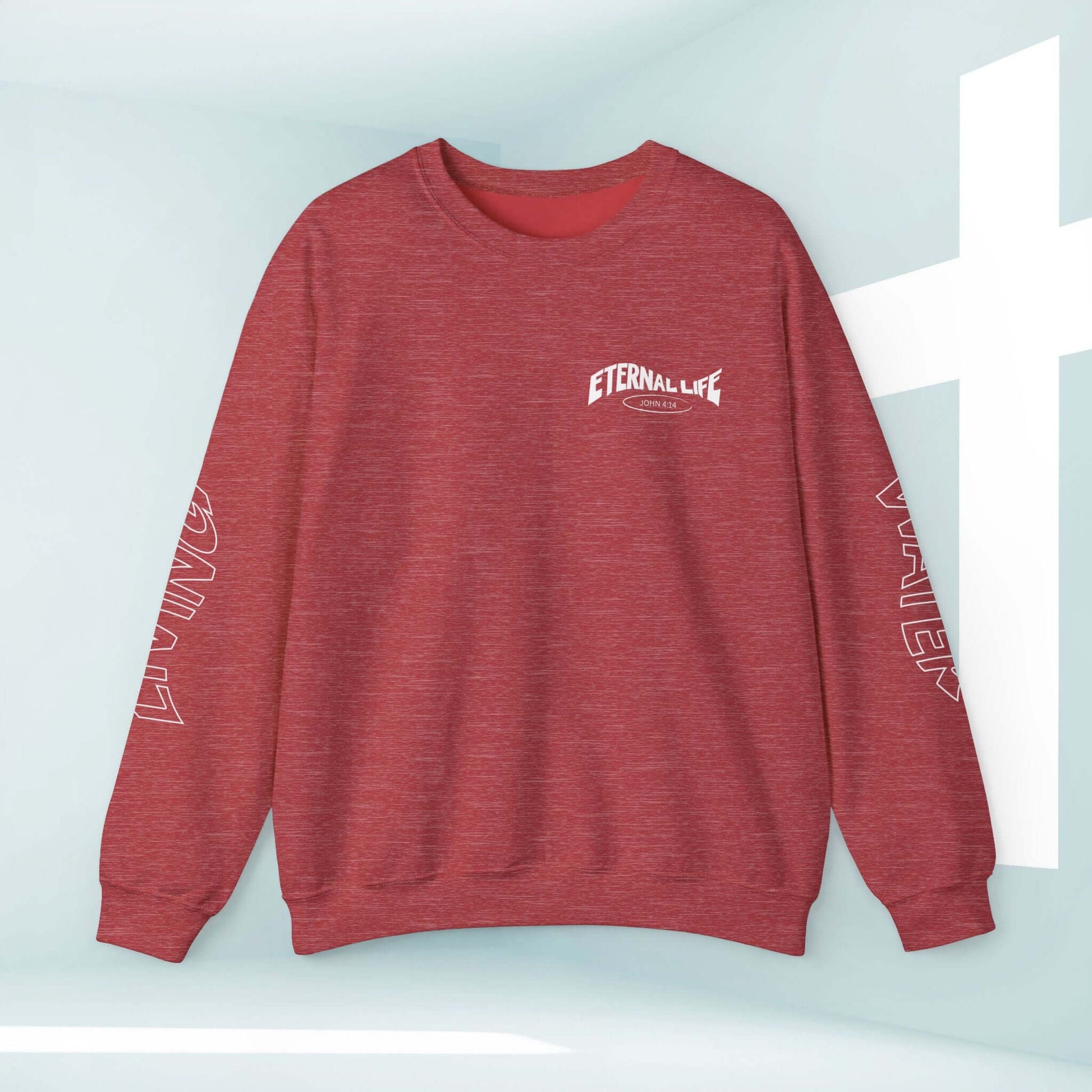 Red Living Water Eternal Life Christian Sweatshirt with design on sleeves and front, perfect as a faith-based gift and inspirational religious apparel.