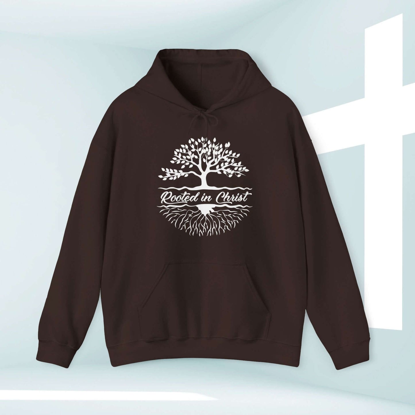 Rooted In Christ Men's Christian Hoodie with Tree Design for Camping and Nature, Perfect Faith-Based Sweatshirt and Christian Gift for Men