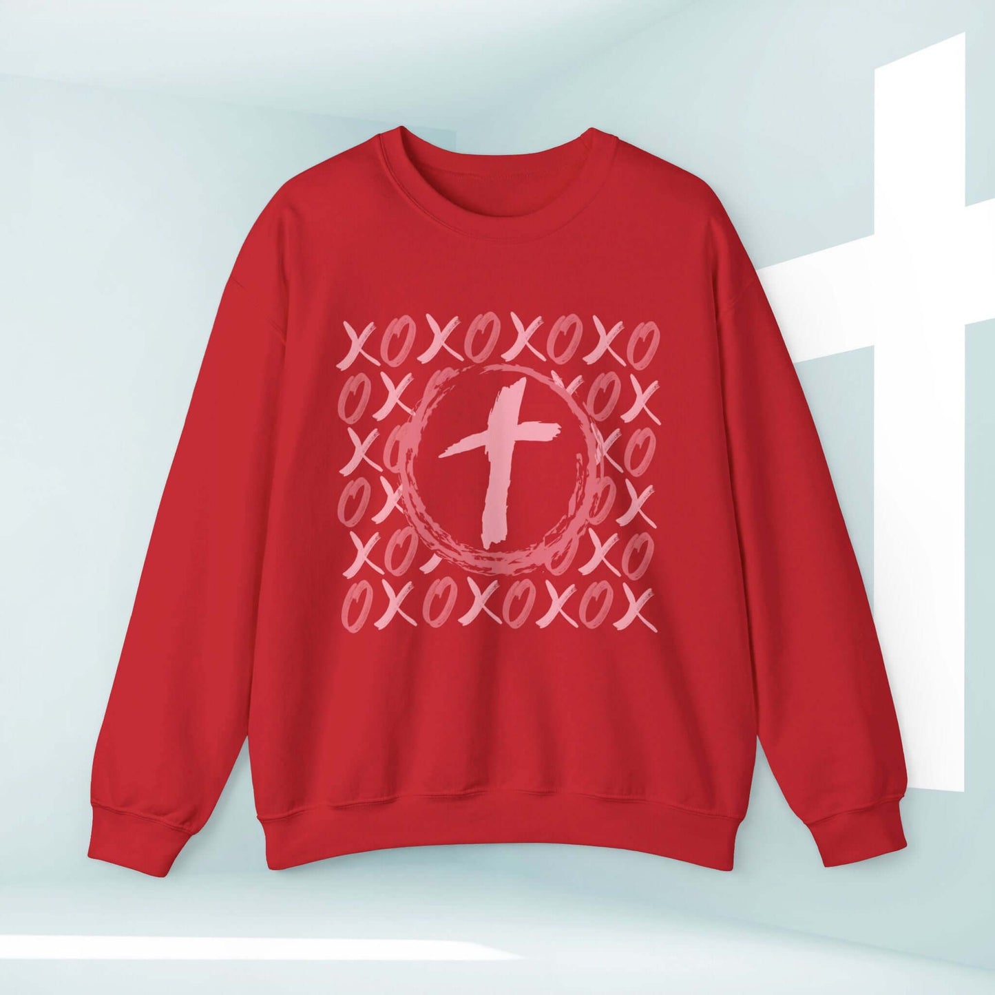 Christian wedding love sweatshirt with XOXO heart and cross design, perfect Valentine's Day gift, anniversary, or engagement present.