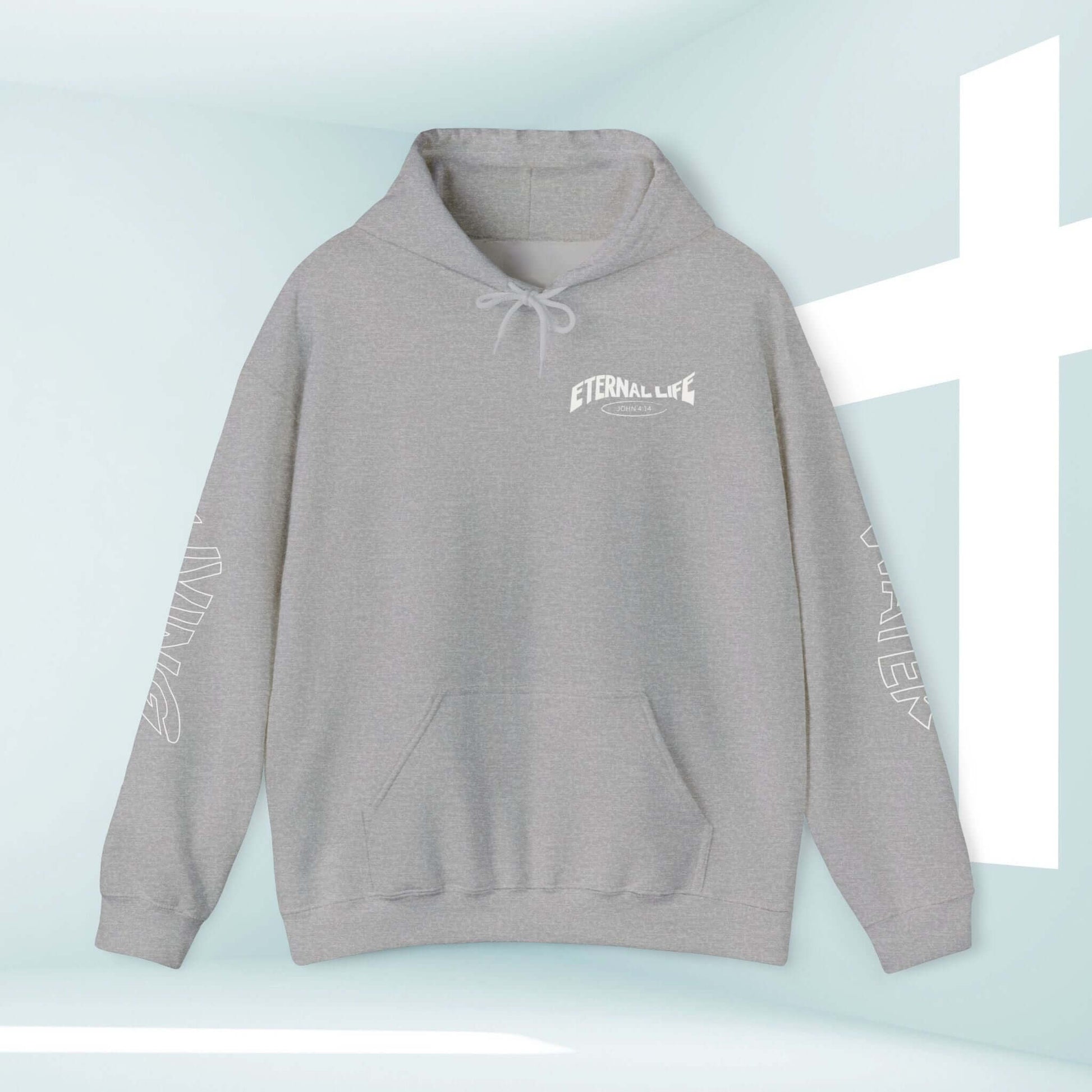 Gray unisex Living Water Eternal Life Christian hoodie with graphics on sleeves, front, and back, perfect faith-based apparel for men and women.