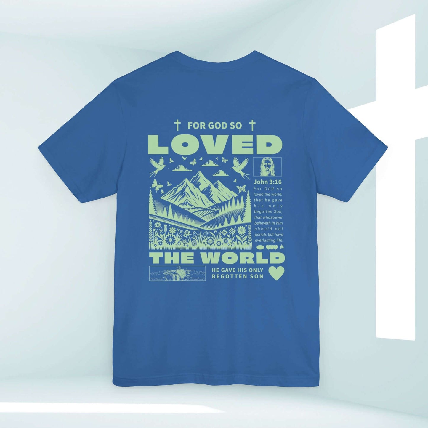 Blue John 3:16 Christian tee with 'For God So Loved the World' Bible verse design, perfect religious t-shirt and faith-based apparel