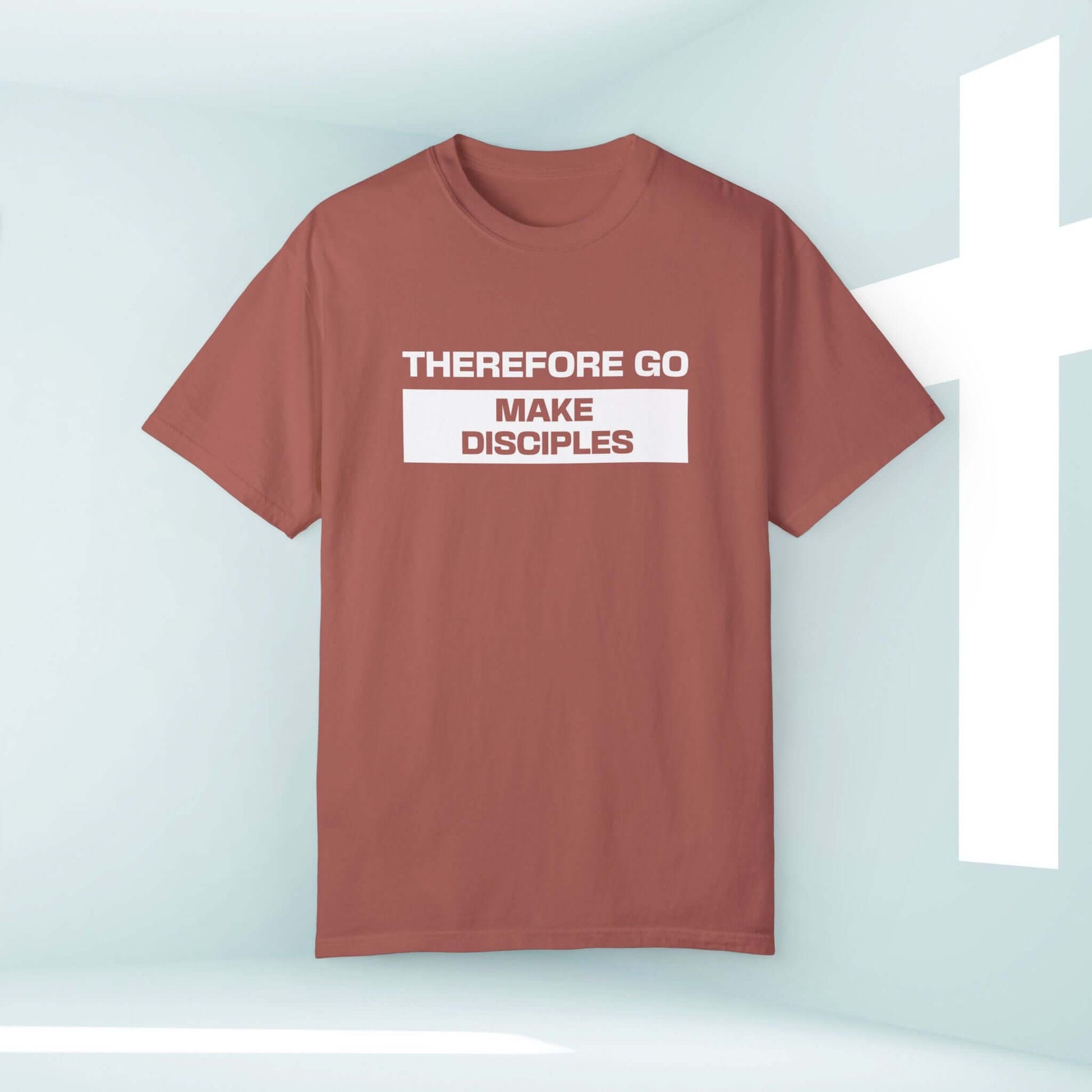 The Therefore Go And Make Disciples Christian unisex t-shirt in elevated faith style, inspirational bible verse church apparel