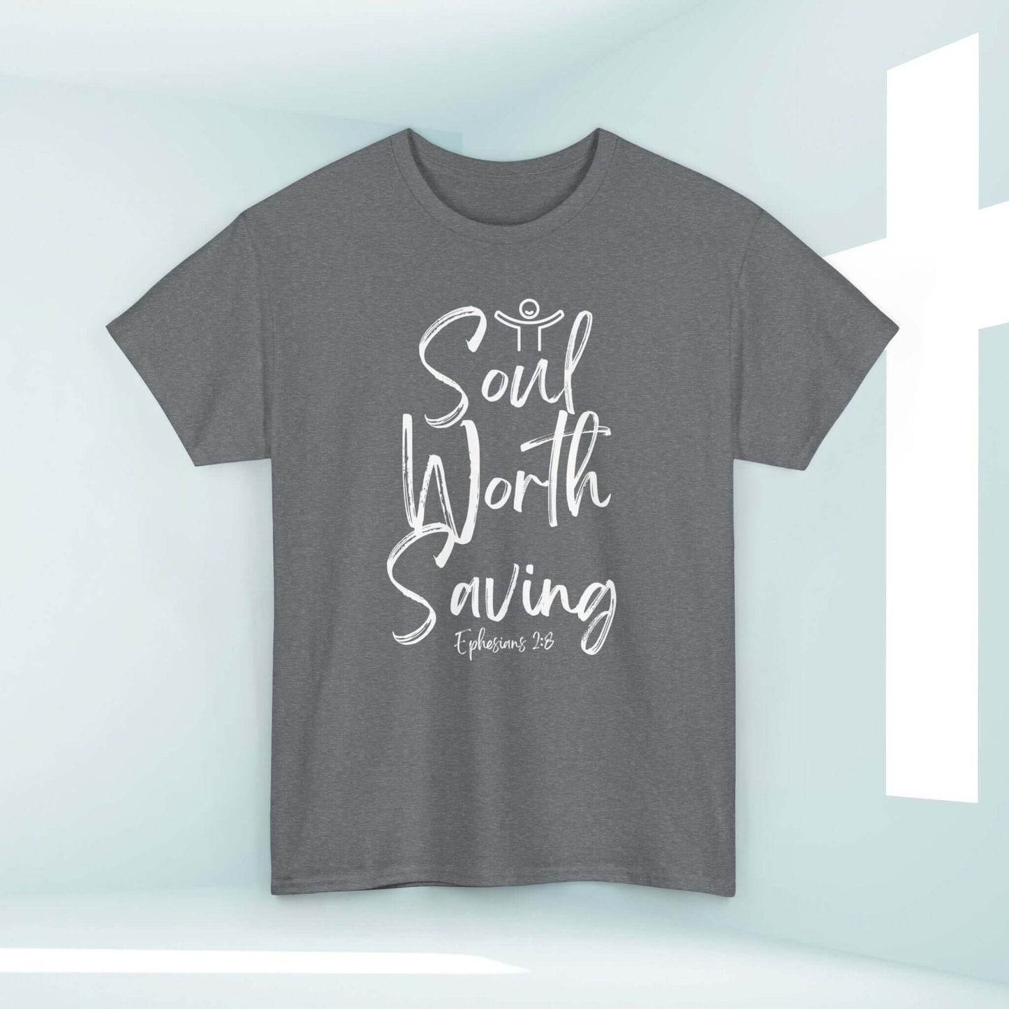 Soul Worth Saving women's Christian t-shirt with Ephesians 2:8 design, faith-based religious tee in gray, Christian apparel for devotion.