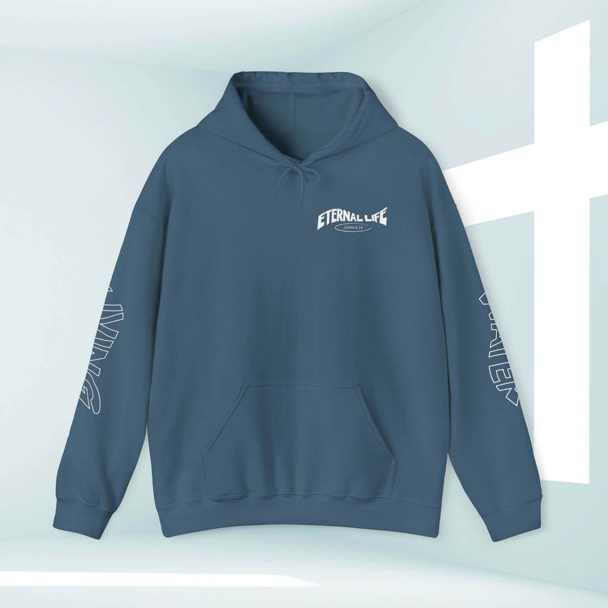 Unisex Living Water Eternal Life Christian hoodie with front and sleeve graphics, faith-based sweatshirt, perfect Christian gift or baptism shirt