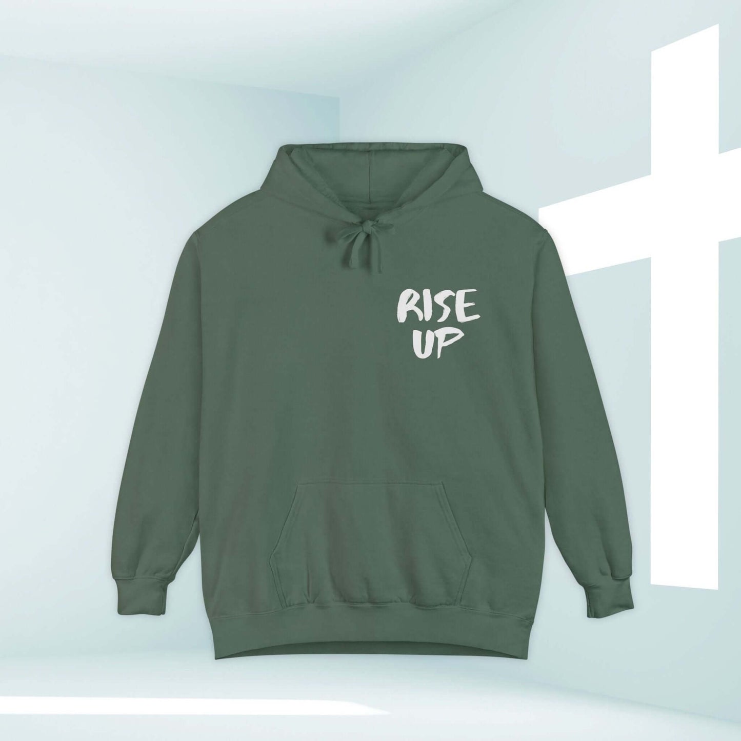 Rise Up Bible Verse Christian Hooded Sweatshirt, Inspirational Church Hoodie in Green with White Cross Background