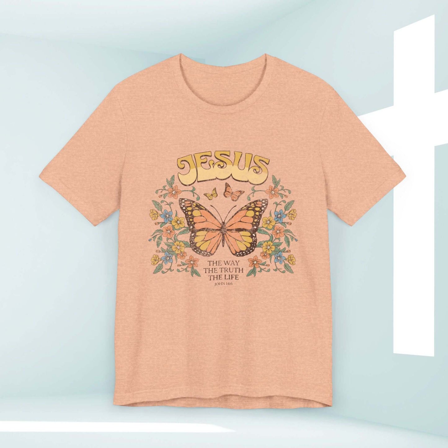 Jesus The Way The Truth The Life butterfly Christian t-shirt with inspirational design, perfect for faith-based apparel and Christian clothing.