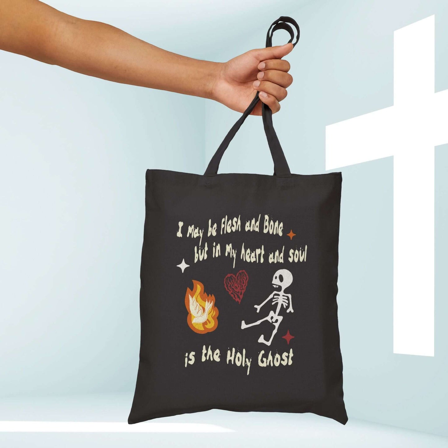 christian halloween tote bag with cute skeleton and holy ghost design, religious trick or treat candy bag, uplifting halloween faith accessory