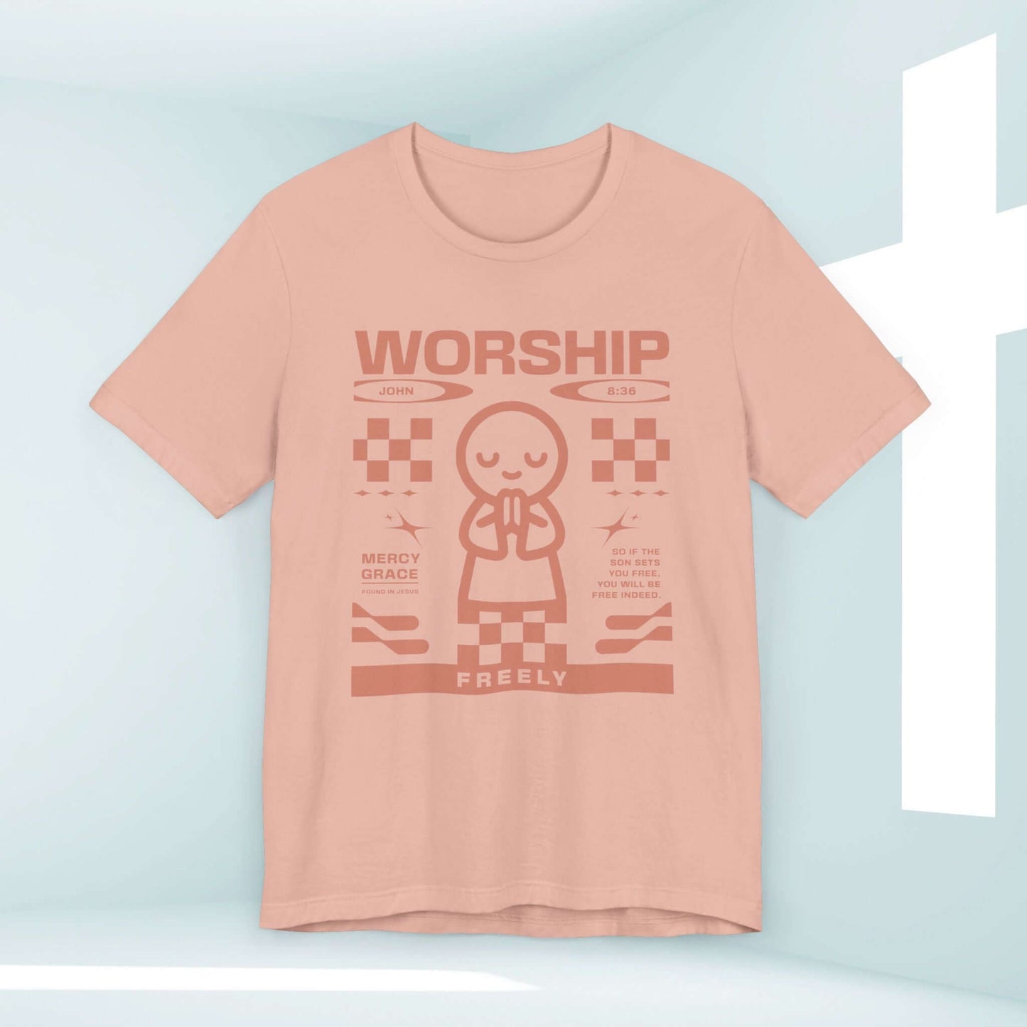 Worship Freely Christian t-shirt, religious shirt with prayer graphic, faith-based apparel, church and praise, peach-colored religious tee