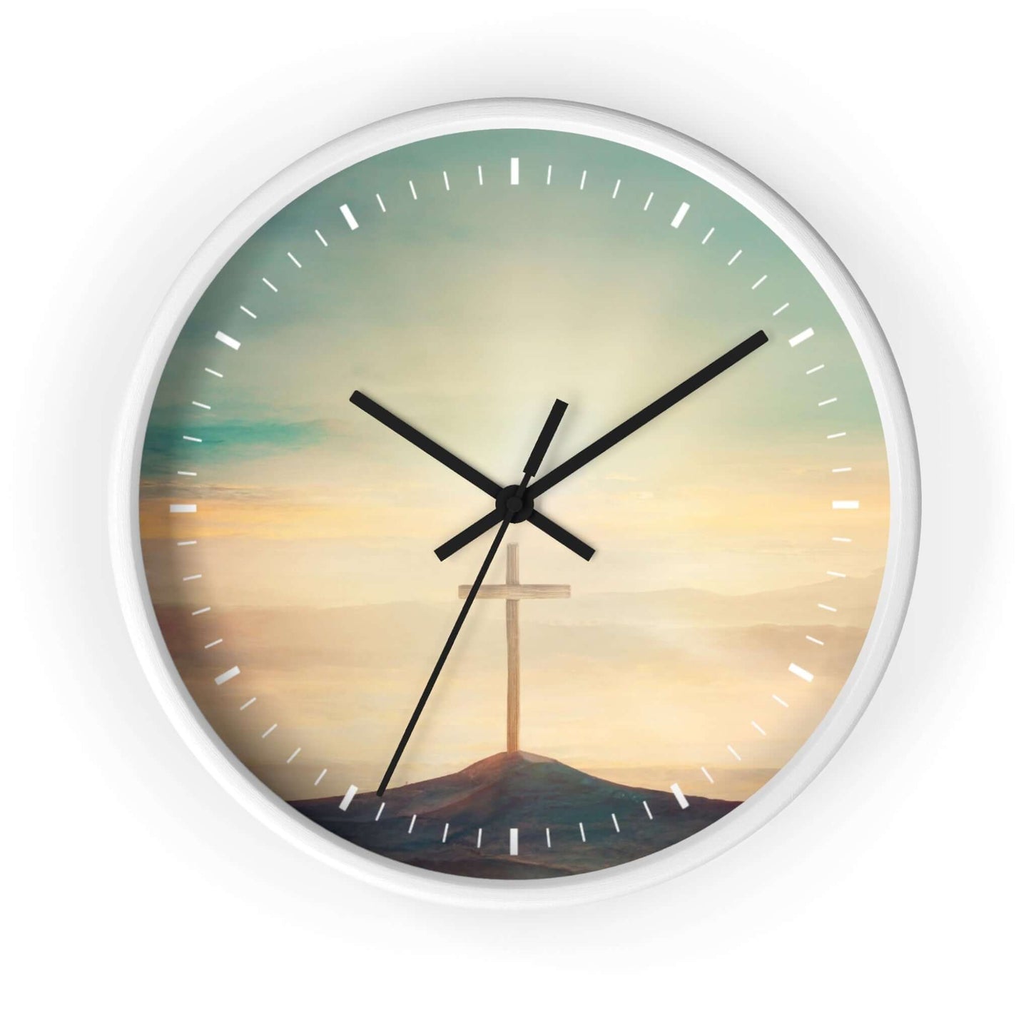 Beautiful Sky Christian cross wall clock with Psalm 19:1, wooden frame, Plexiglass face, silent clock mechanism, inspirational faith-based decor.