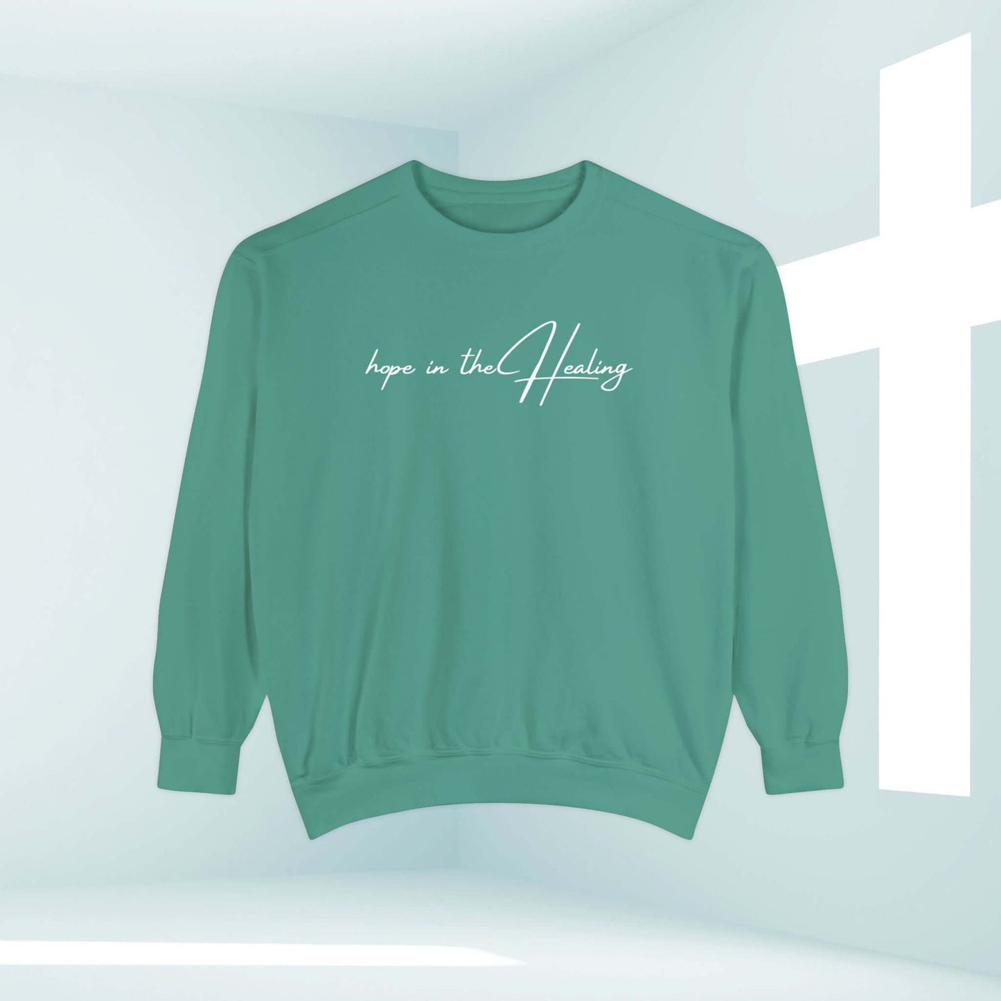 "Hope In The Healing Christian sweatshirt for cancer survivors, inspirational and faith-based crewneck, perfect get well soon and hospital gift."