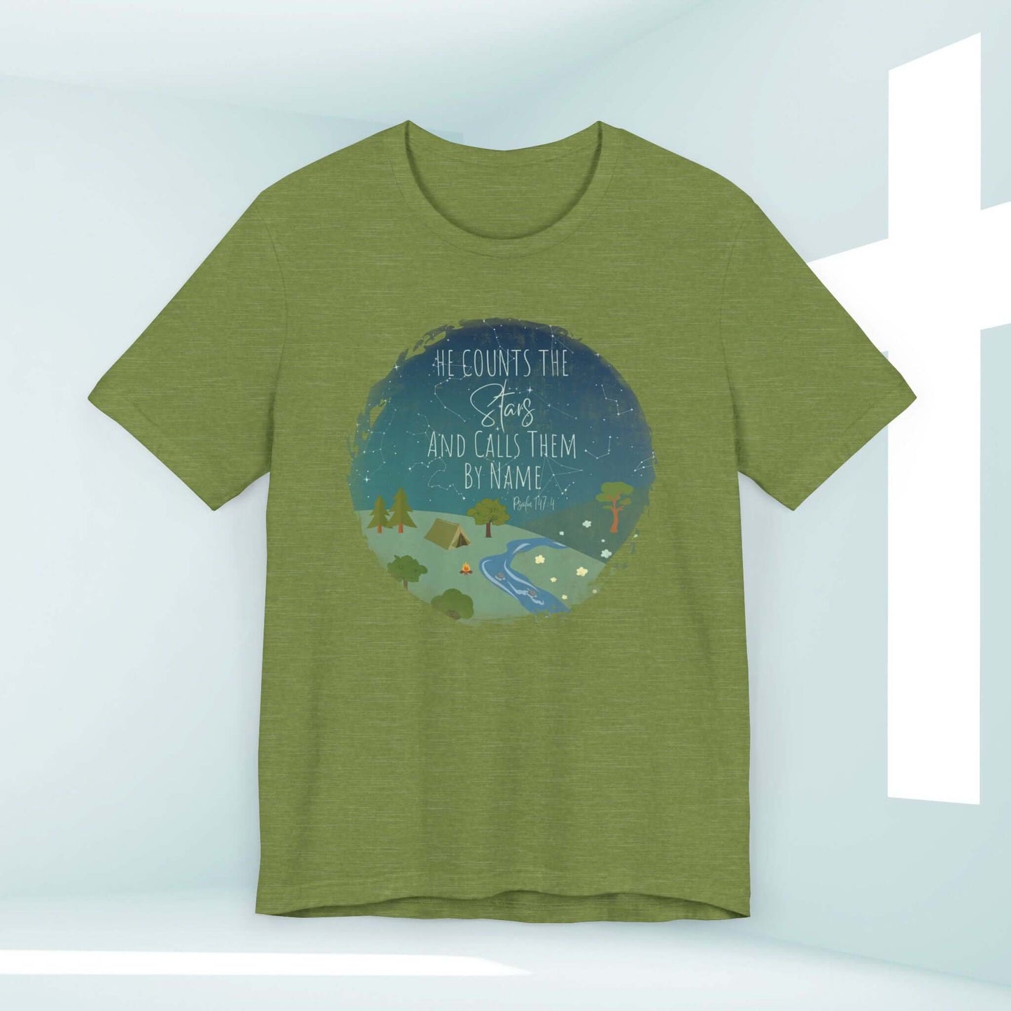 He counts the stars shirt with nature camping design and bible verse, Christian tee shirt for women, inspirational faith-based clothing.