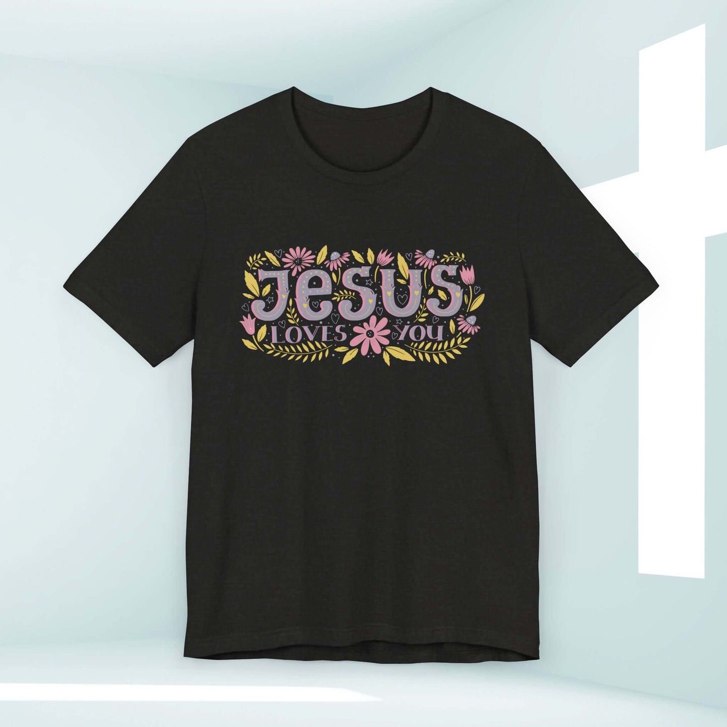 Jesus Loves You women's Christian tee with floral design in black, inspirational religious shirt for faith and hope.