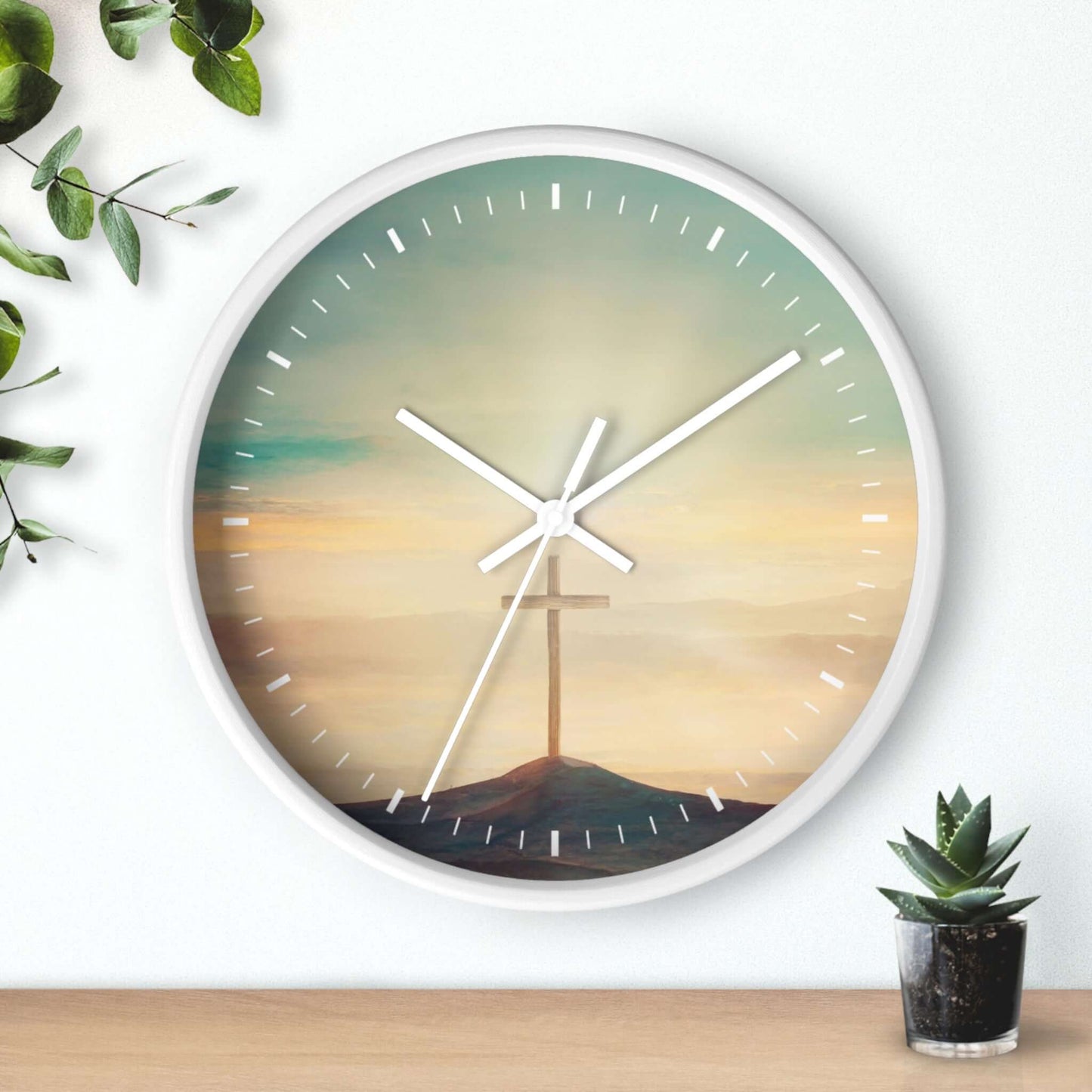 Beautiful sky Christian cross wall clock with Psalm 19:1, in a wooden frame and Plexiglass face, perfect for Christian decor and gifts.