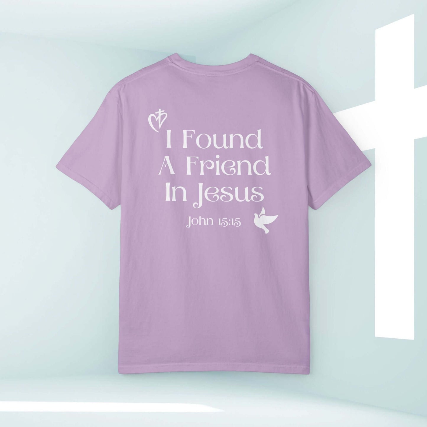 Purple Christian t-shirt with "I Found A Friend In Jesus" John 15:15 design, high-quality faith-based apparel for believers.