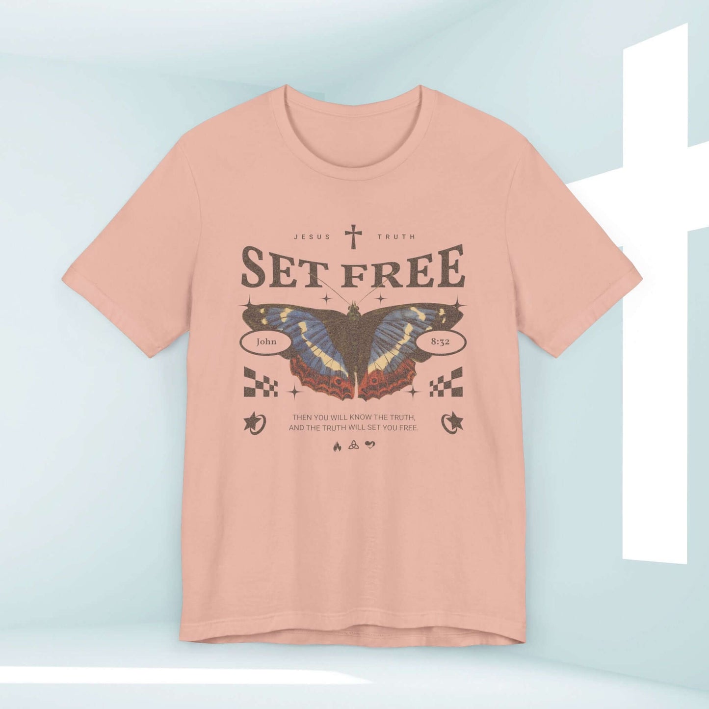 Butterfly Set Free Christian TShirt in peach color featuring bible verse, perfect for Christian apparel, faith-based streetwear, and church events