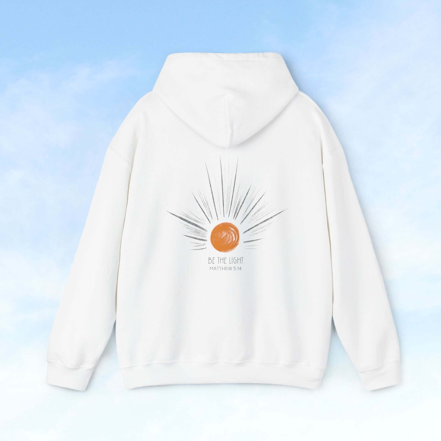 Be The Light Sunburst Christian hoodie with celestial sun rays design in white, perfect Christian gift for wife or mother, Matthew 5:14 quote