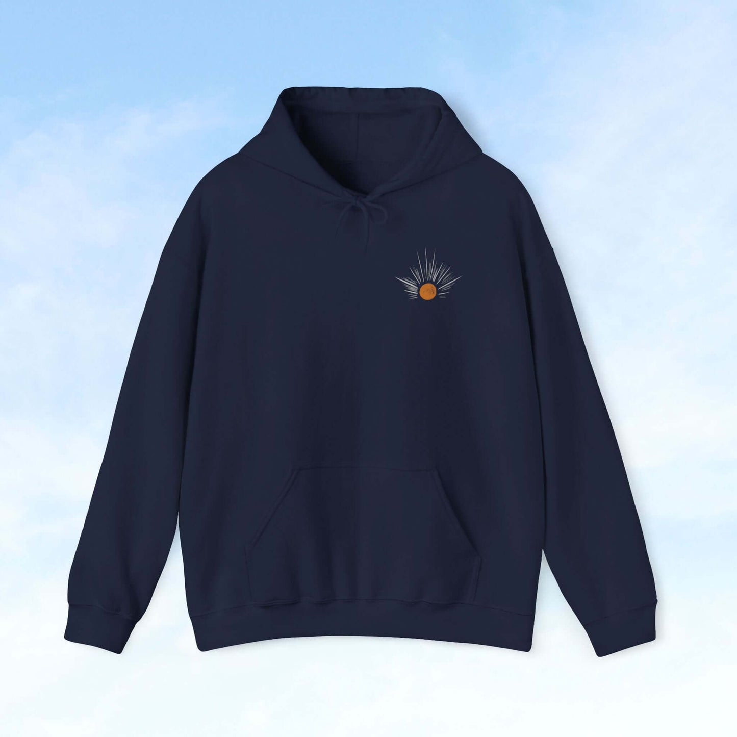 Be The Light Sunburst Christian hoodie in navy, featuring sun rays graphic on front, perfect Christian gift for women, faith-based apparel