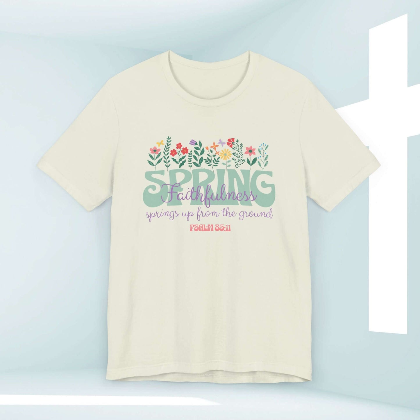 Floral faith Christian t-shirt with Bible verse and spring flowers, perfect religious shirt for church and Christian streetwear.