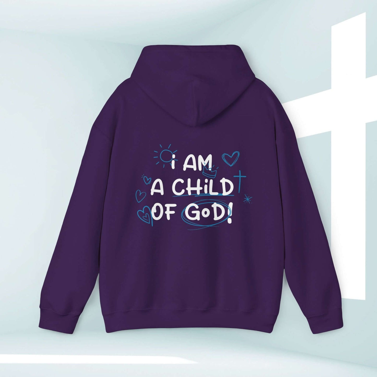 I Am A Child Of God Christian hoodie in purple with faith-based bible verse design, inspirational religious hooded sweatshirt for believers.