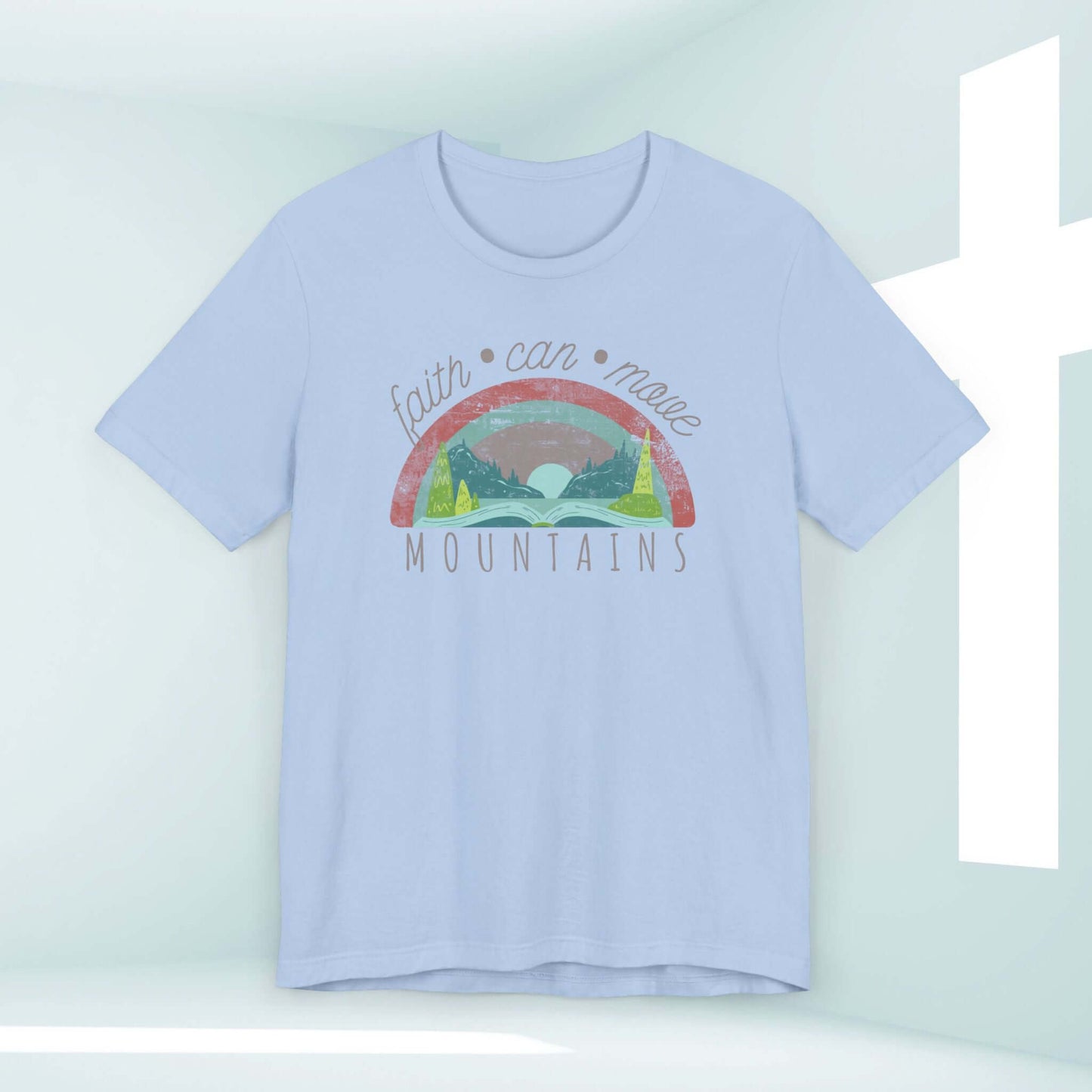 Faith Can Move Mountains Women's Christian Rainbow T-Shirt with Bible verse and cross background