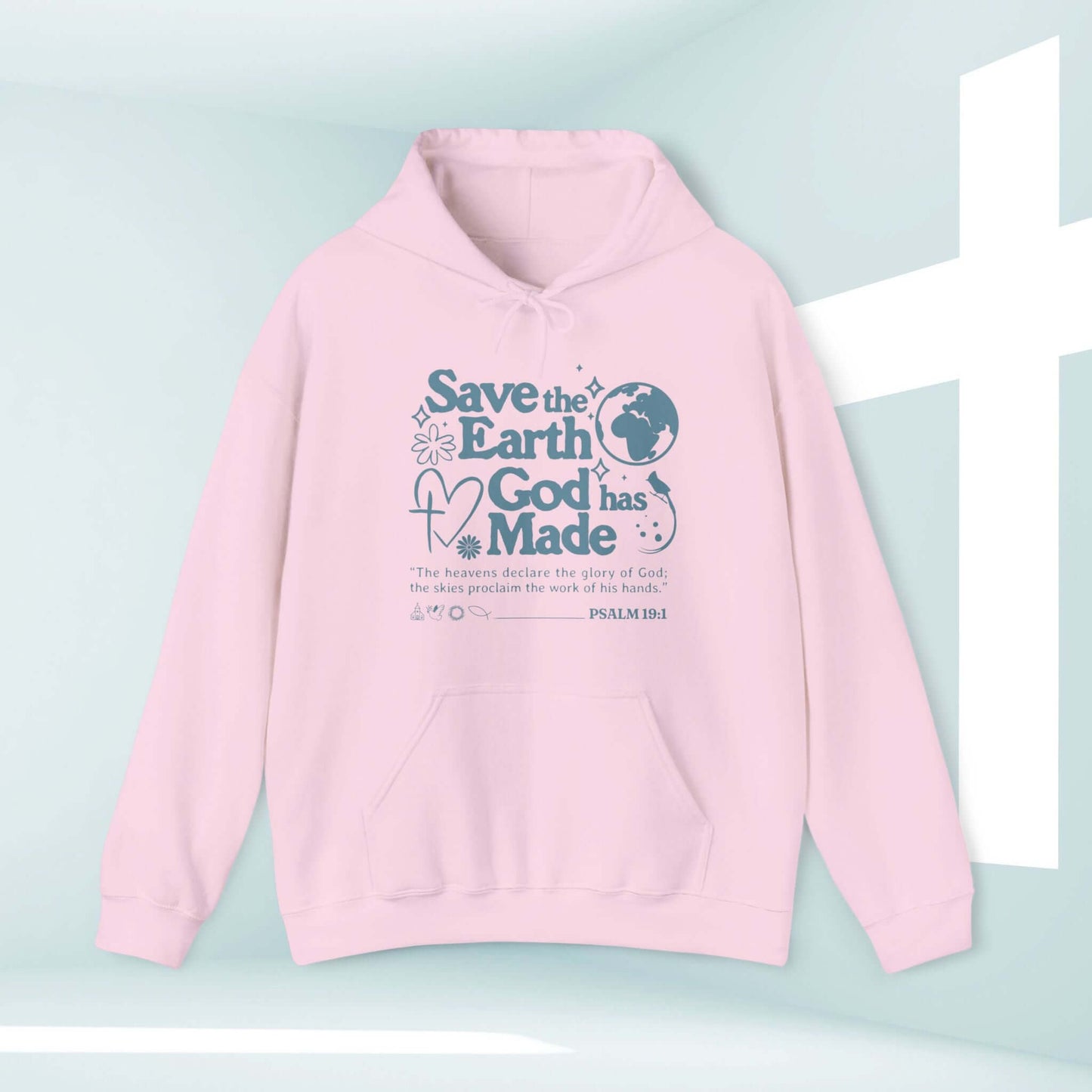 Earth Day Christian hoodie with Psalm 19:1 bible verse in pale pink color, promoting faith and environmental stewardship