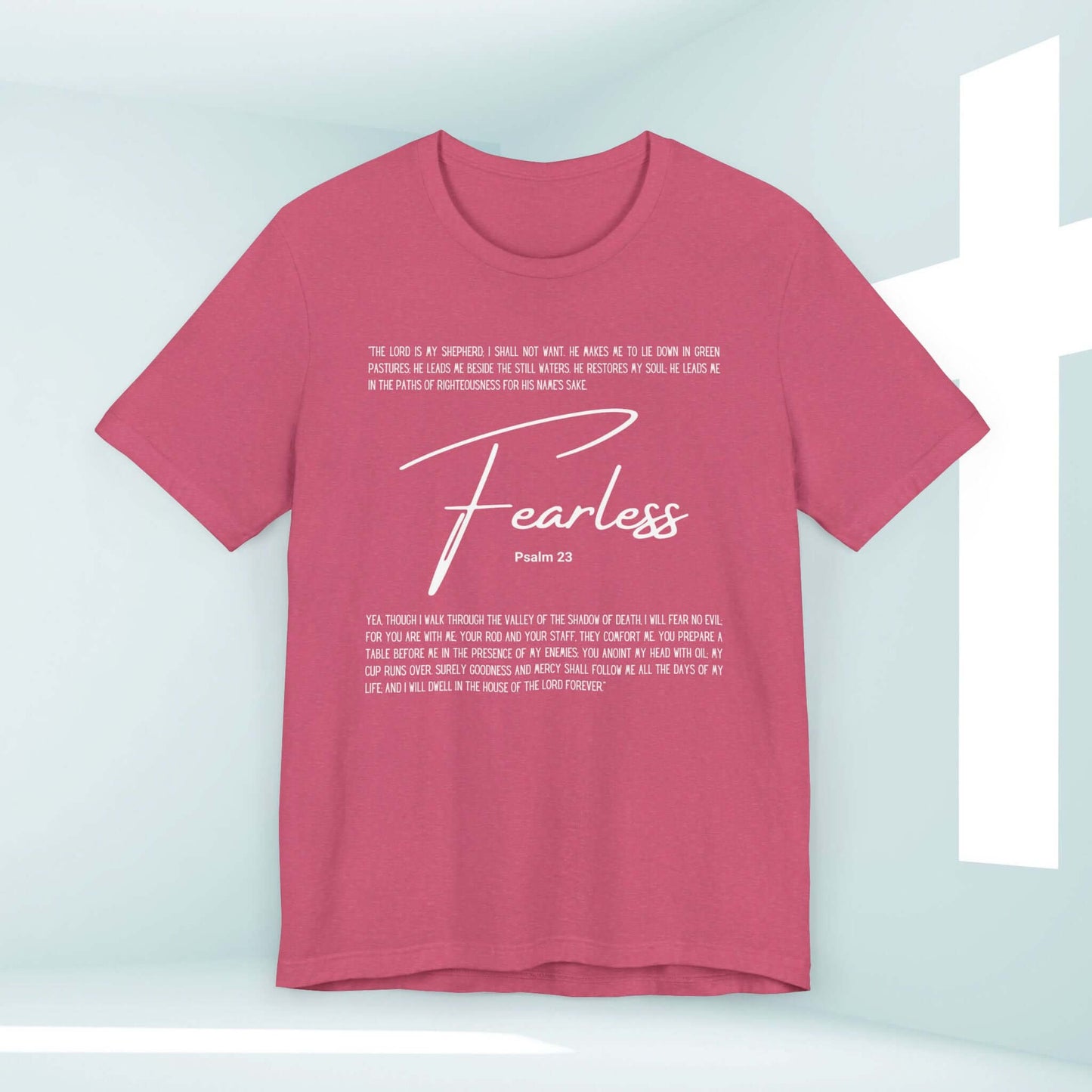 Fearless T-Shirt inspired by Psalm 23, Christian apparel, no fear tee in red, Bible verse shirt for religious faith, share your testimony.