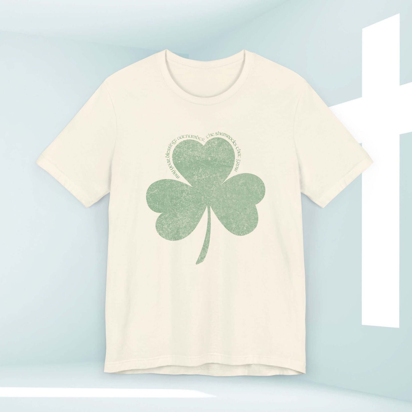 Christian St Patrick's Day shirt with shamrock clover design on white tee for St Patty's Day, inspirational faith-based apparel